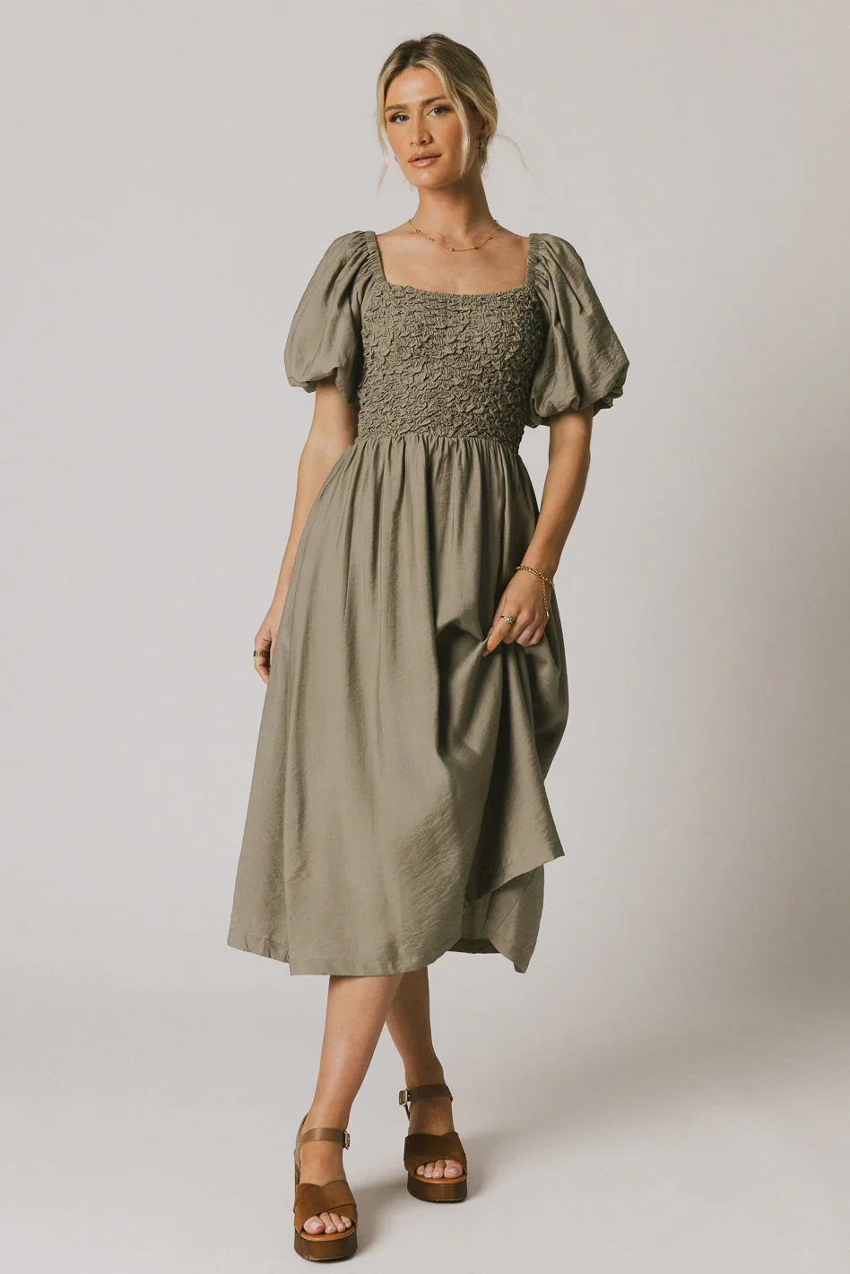 Janie Smocked Midi Dress in Olive