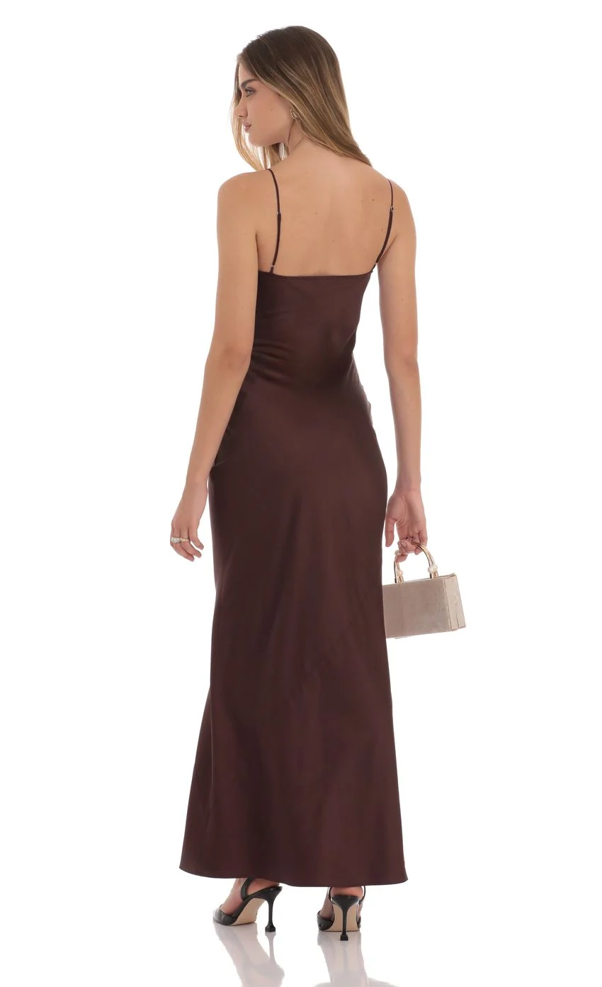Satin Cutout Ties Maxi Dress in Brown