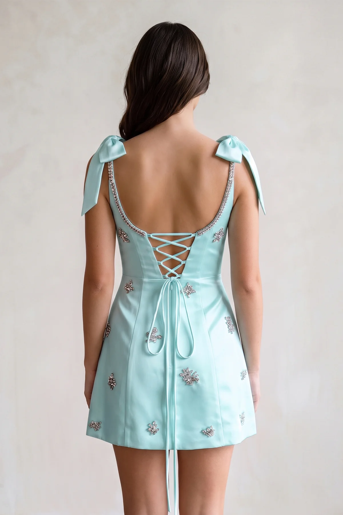 White Scoop Neck A-Line Satin Beaded Homecoming Dress with Bow