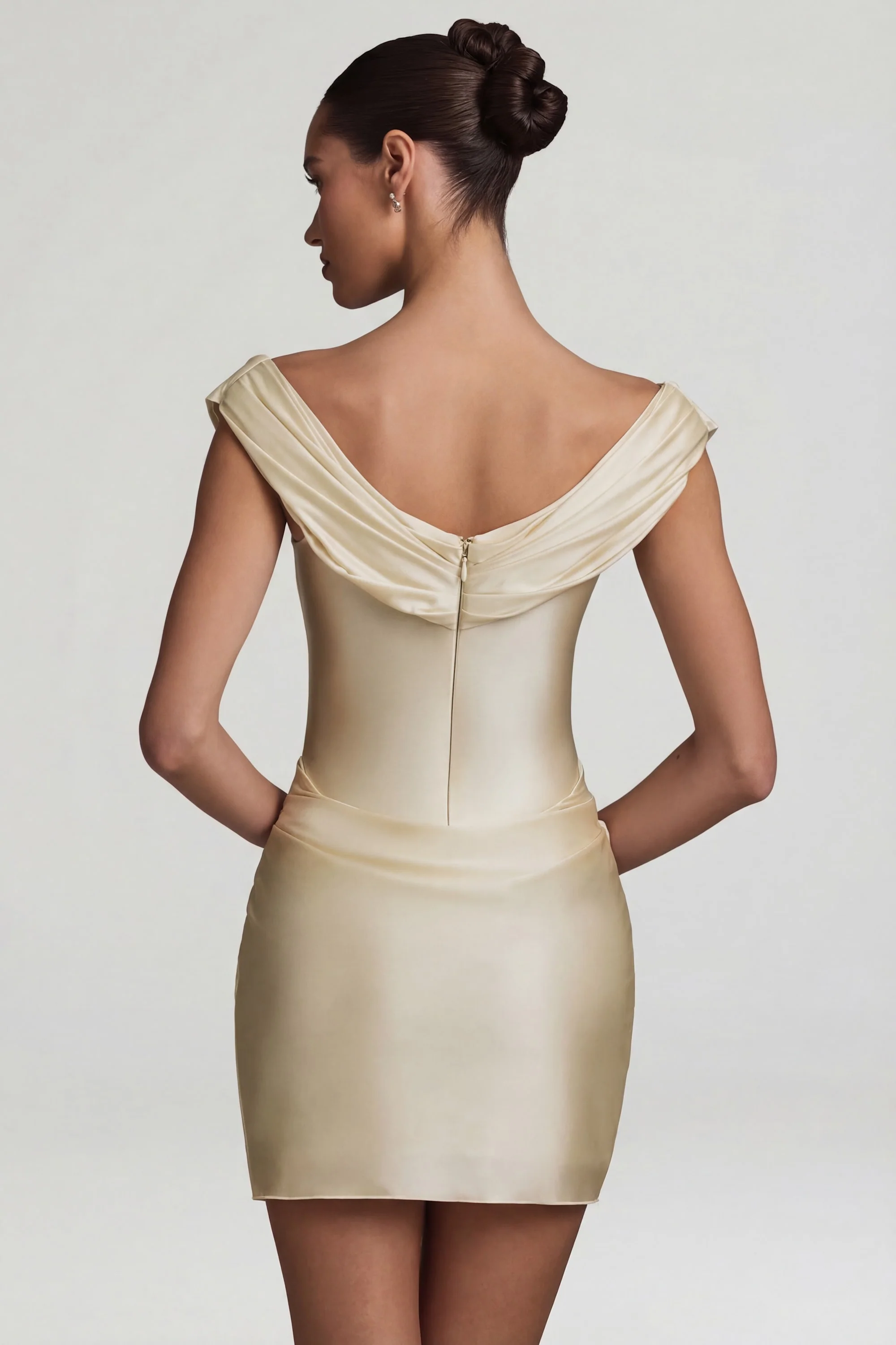 Satin Off-Shoulder Draped Mini Dress in Pearl