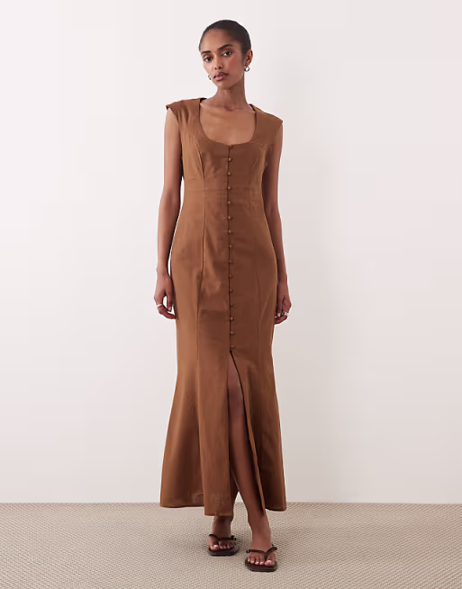 square neck button down midi sundress in warm chocolate