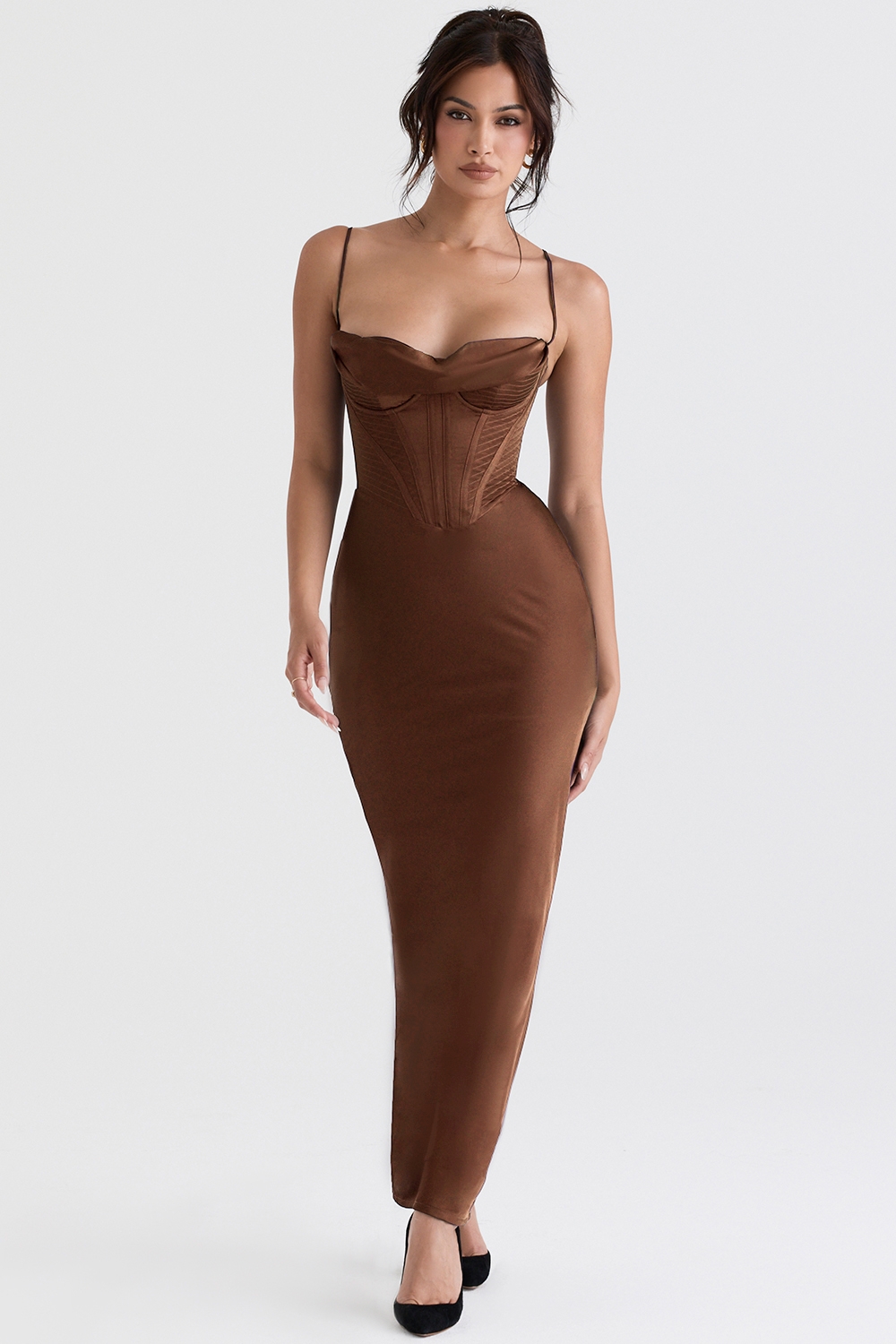 chocolate corset maxi dress