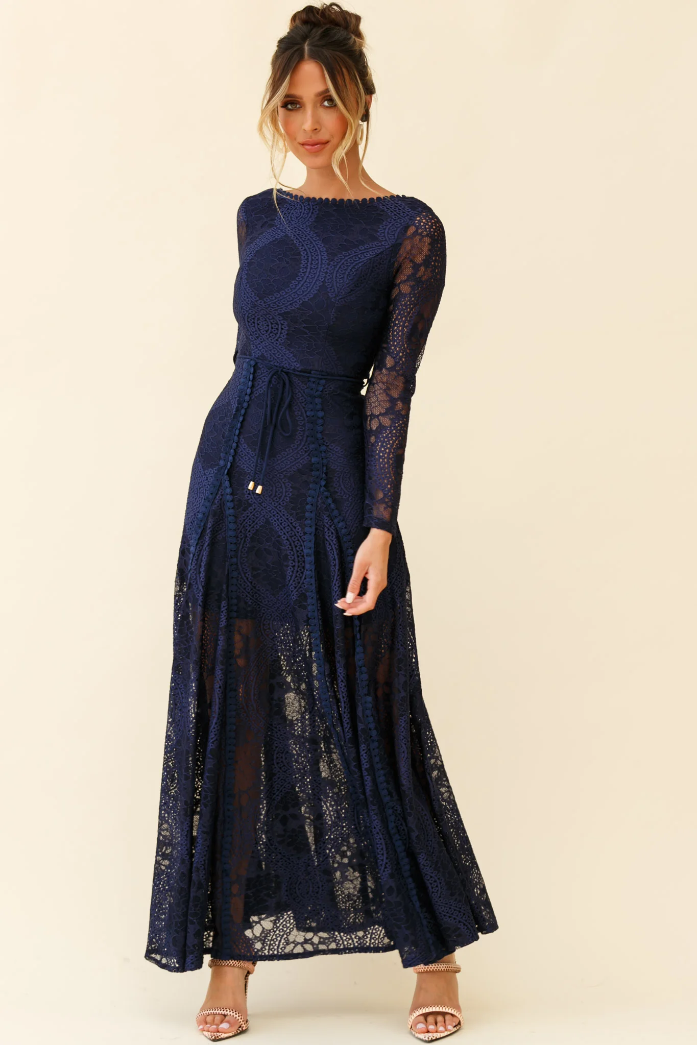 Palm Springs Long Sleeve Lace Overlay Maxi Dress Navy