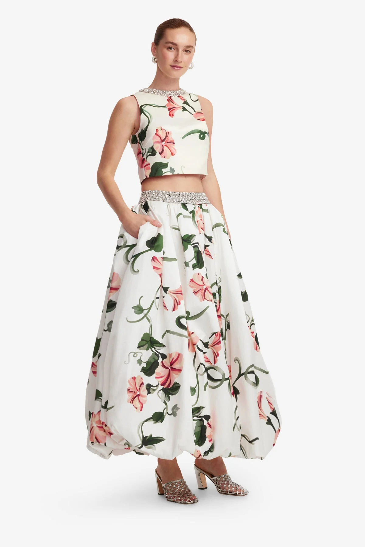 Iris Embellished Top - Vine Print in Snow