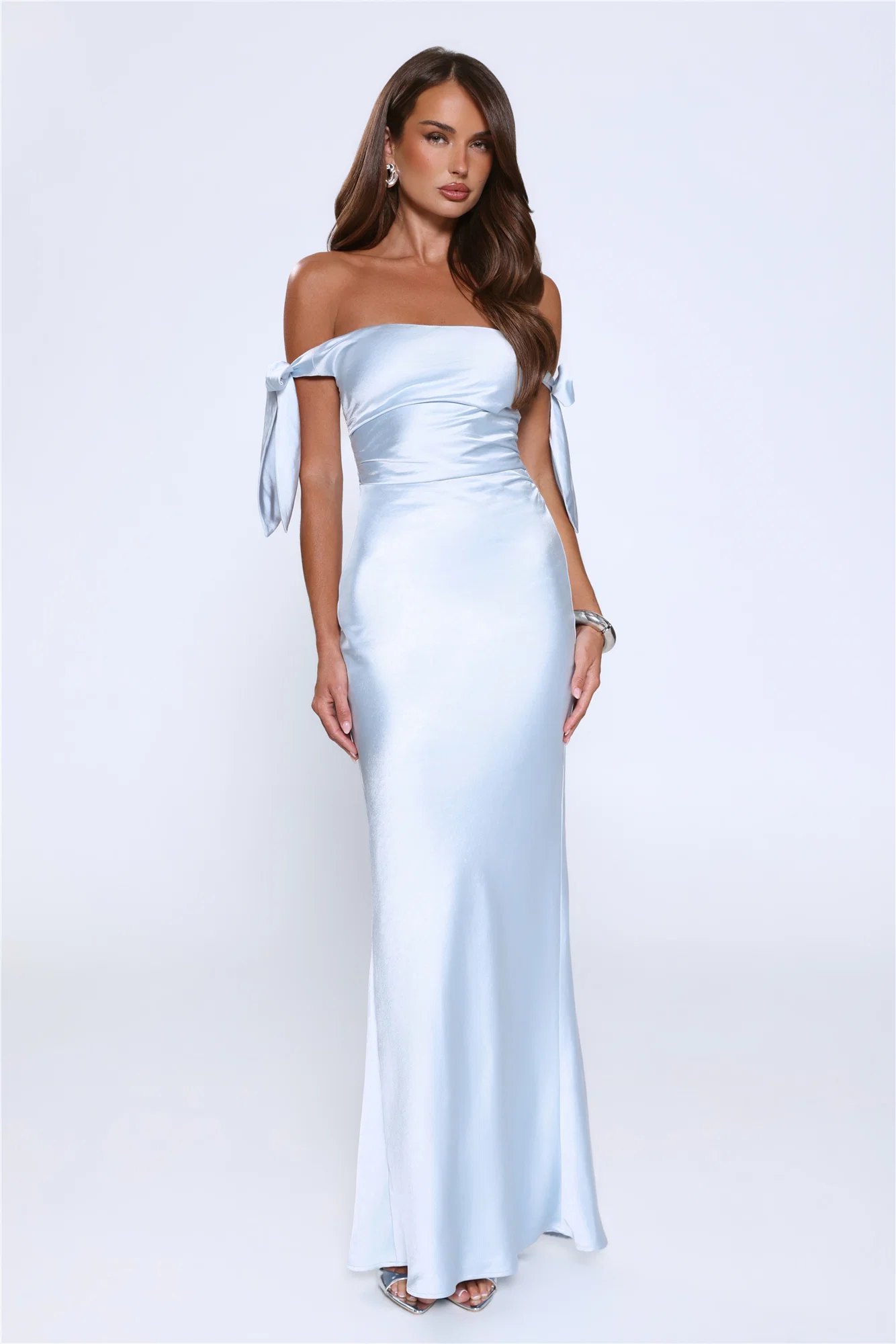 Flirty Intentions Off Shoulder Satin Maxi Dress Blue