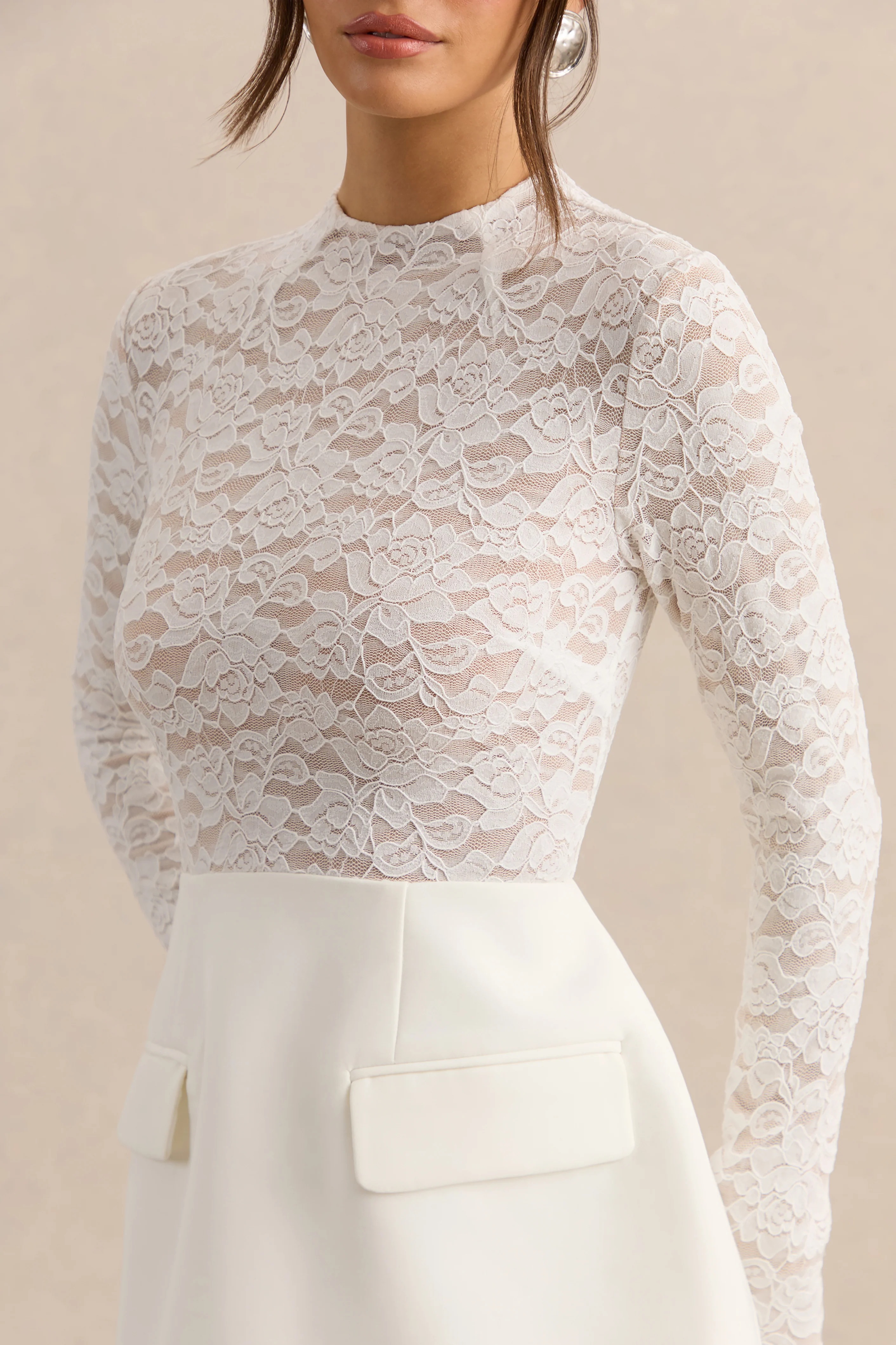Mysteria | White High-Neck Lace Mini-Dress With Pocket-Details