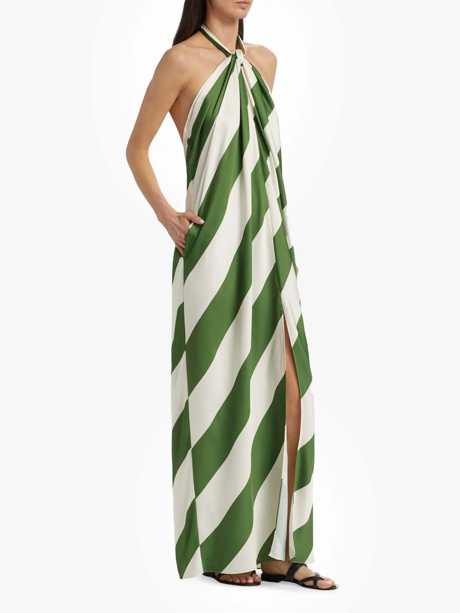 Green Diagonal Stripe Halter Maxi Dress
