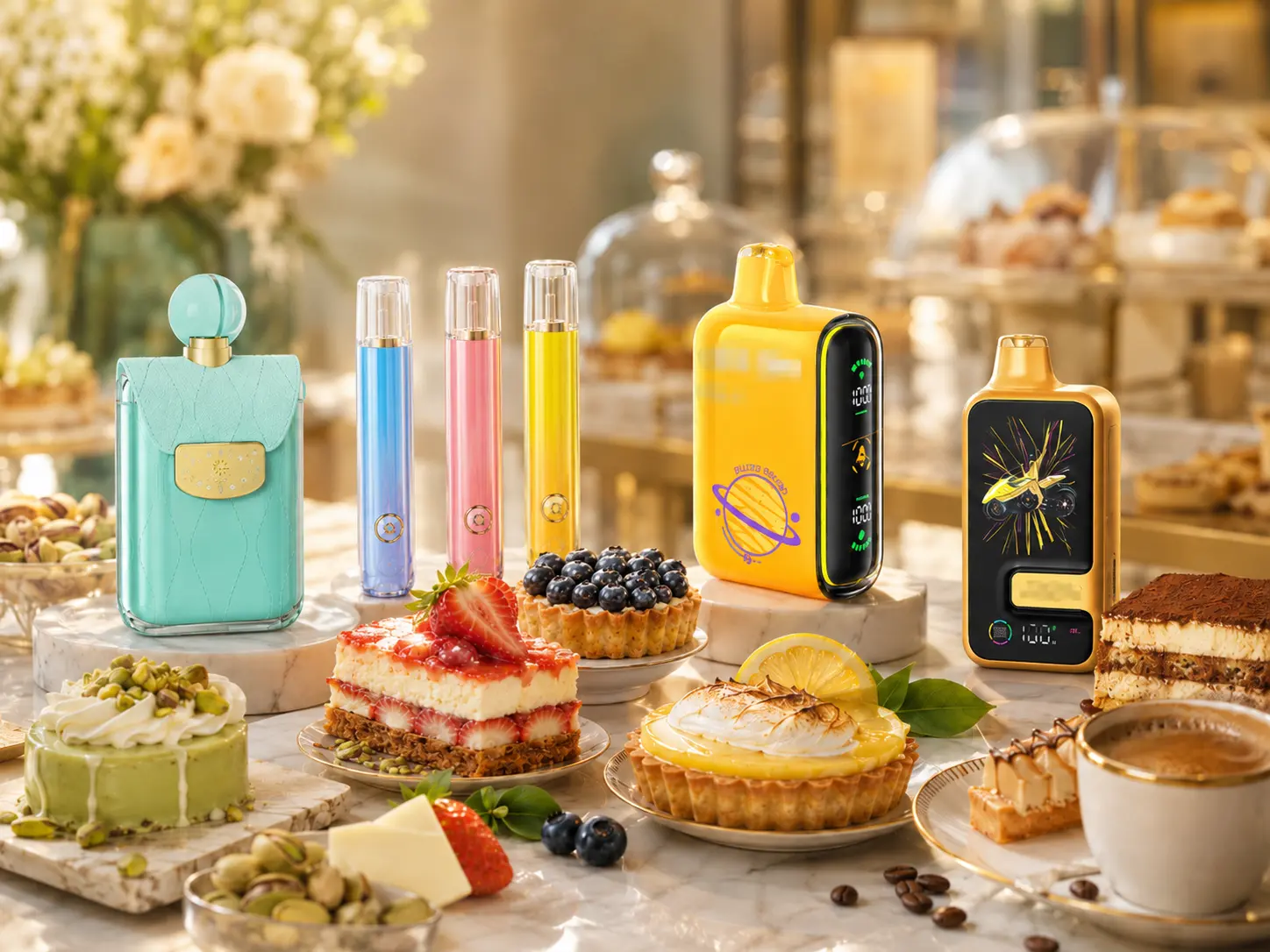 Five vape device styles paired with caramel, pistachio, berry, lemon, and coffee desserts