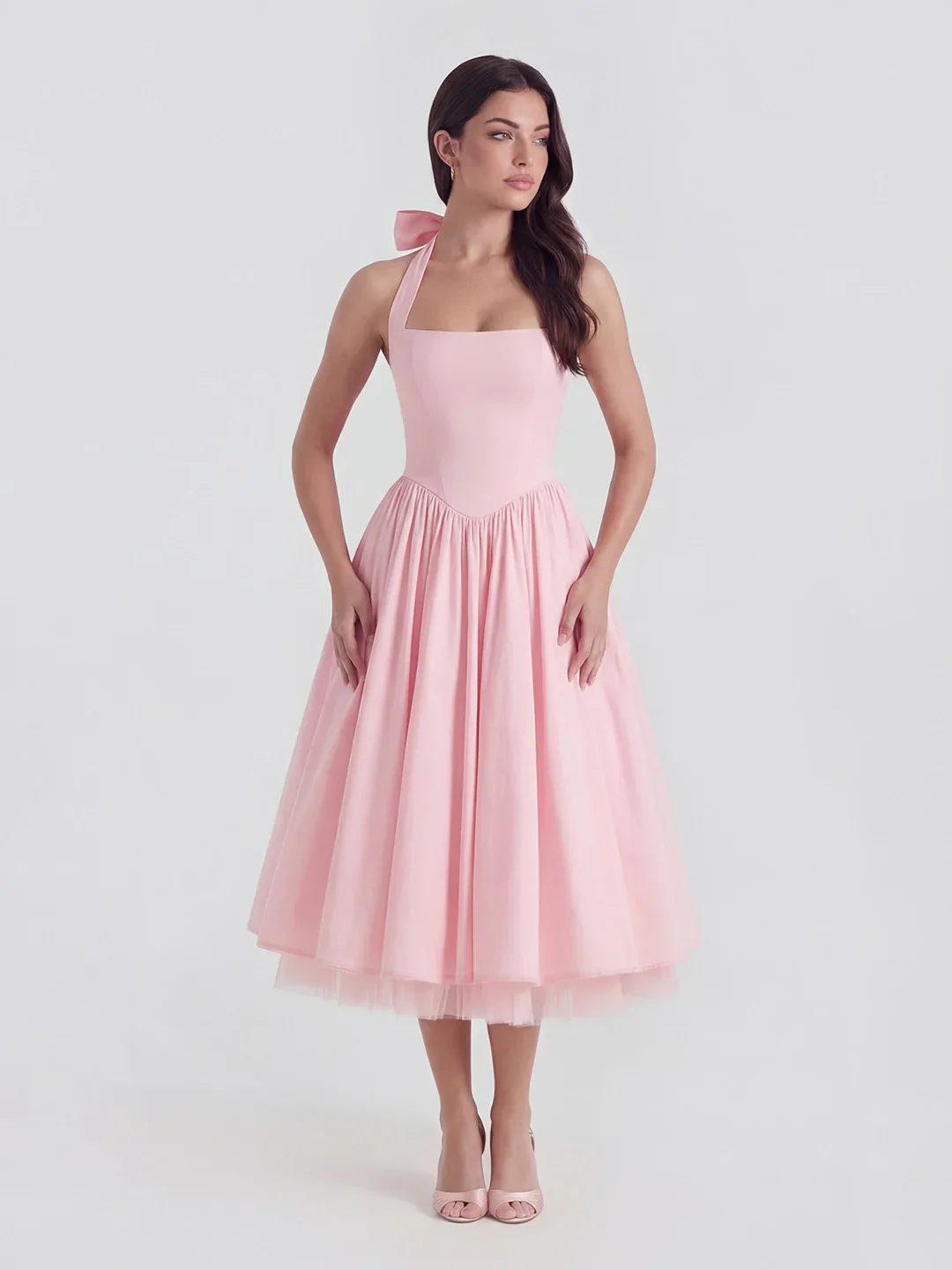 Lace-Up Halter Midi with Exposed Tulle Hem