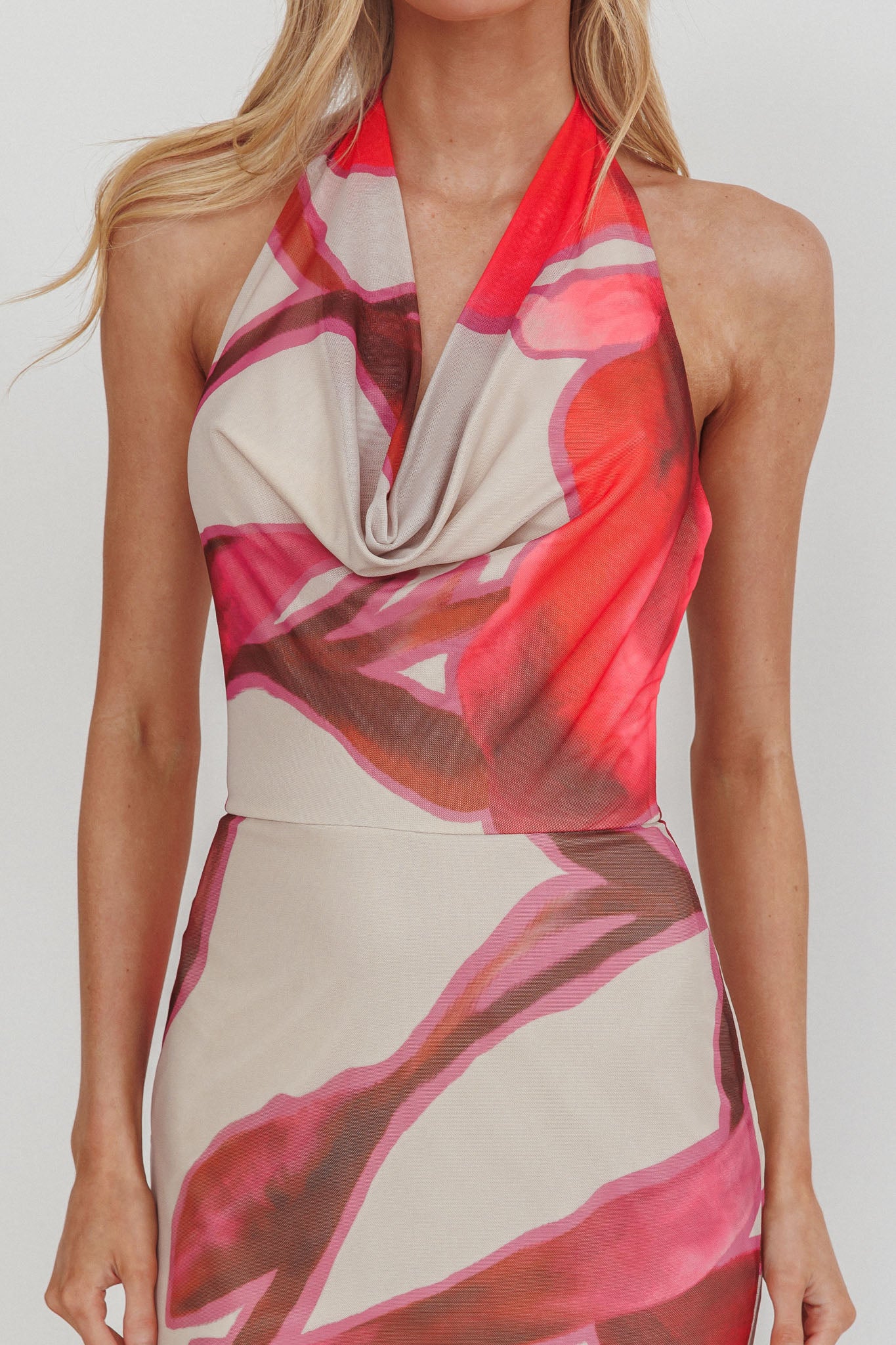 Outlier Cowl Halterneck Maxi Dress Print Beige