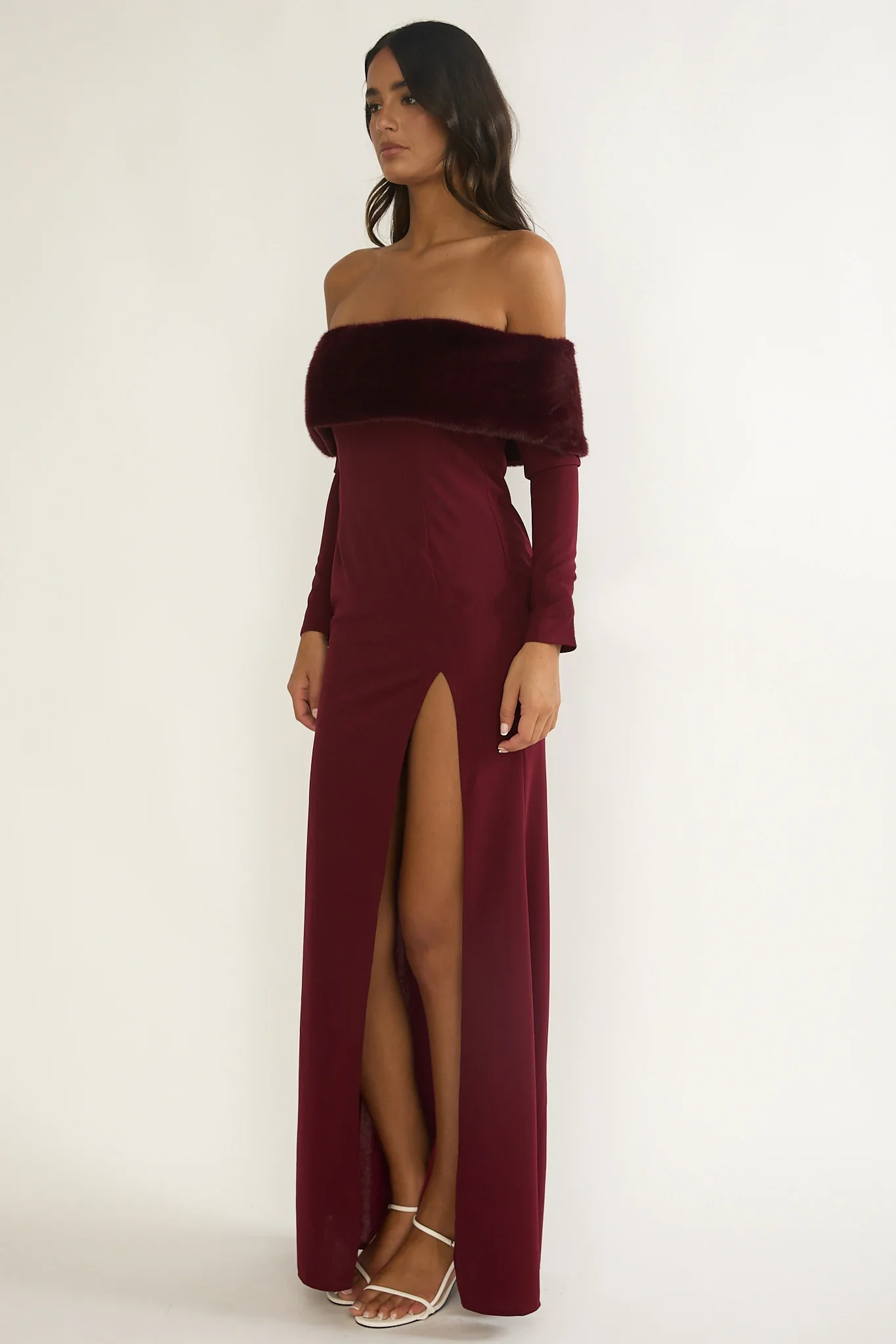 Noella Off-Shoulder Fur Trim Maxi Dress Wine
