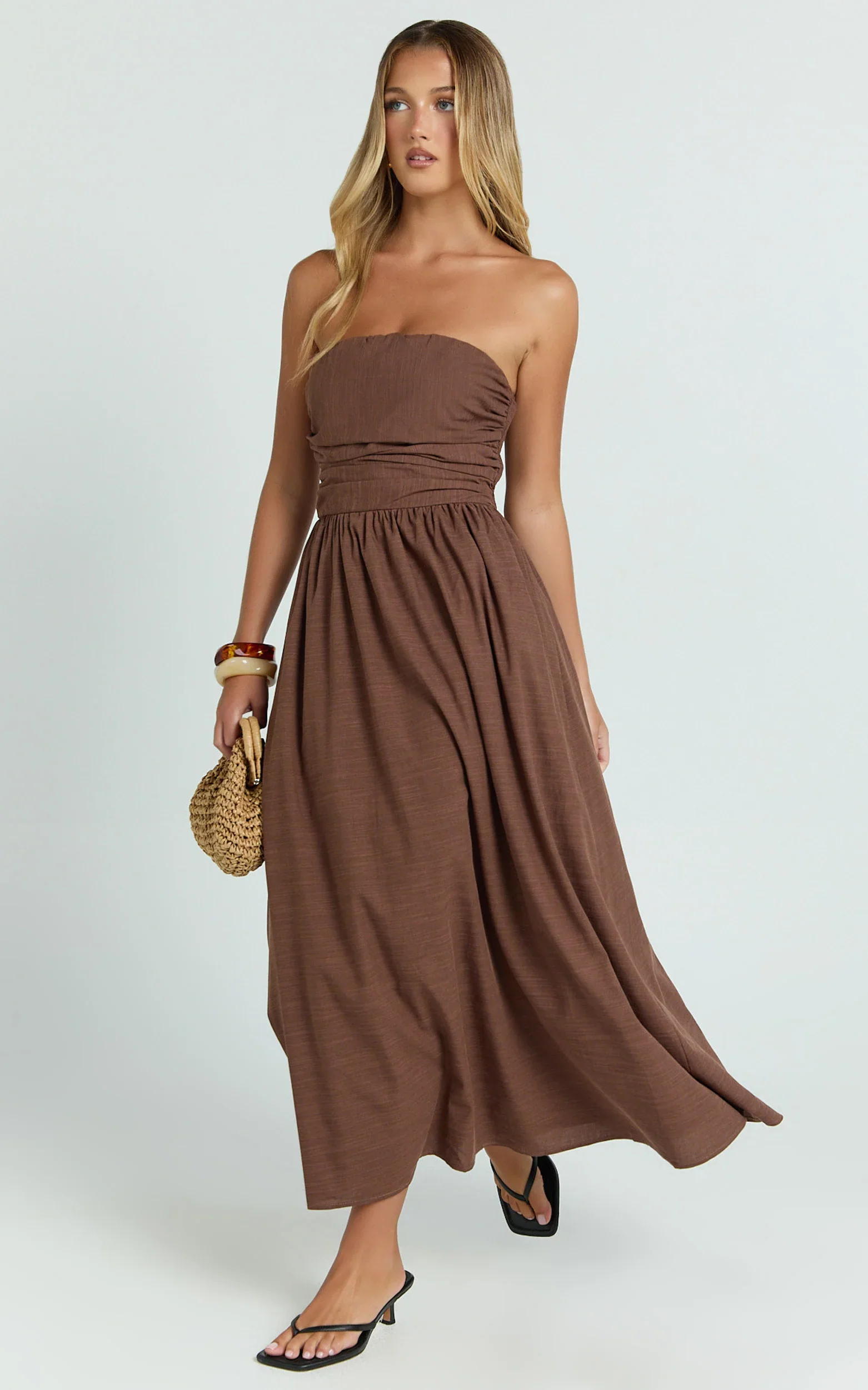 Polly Midi Dress - Strapless Ruched Dress in Chocolate