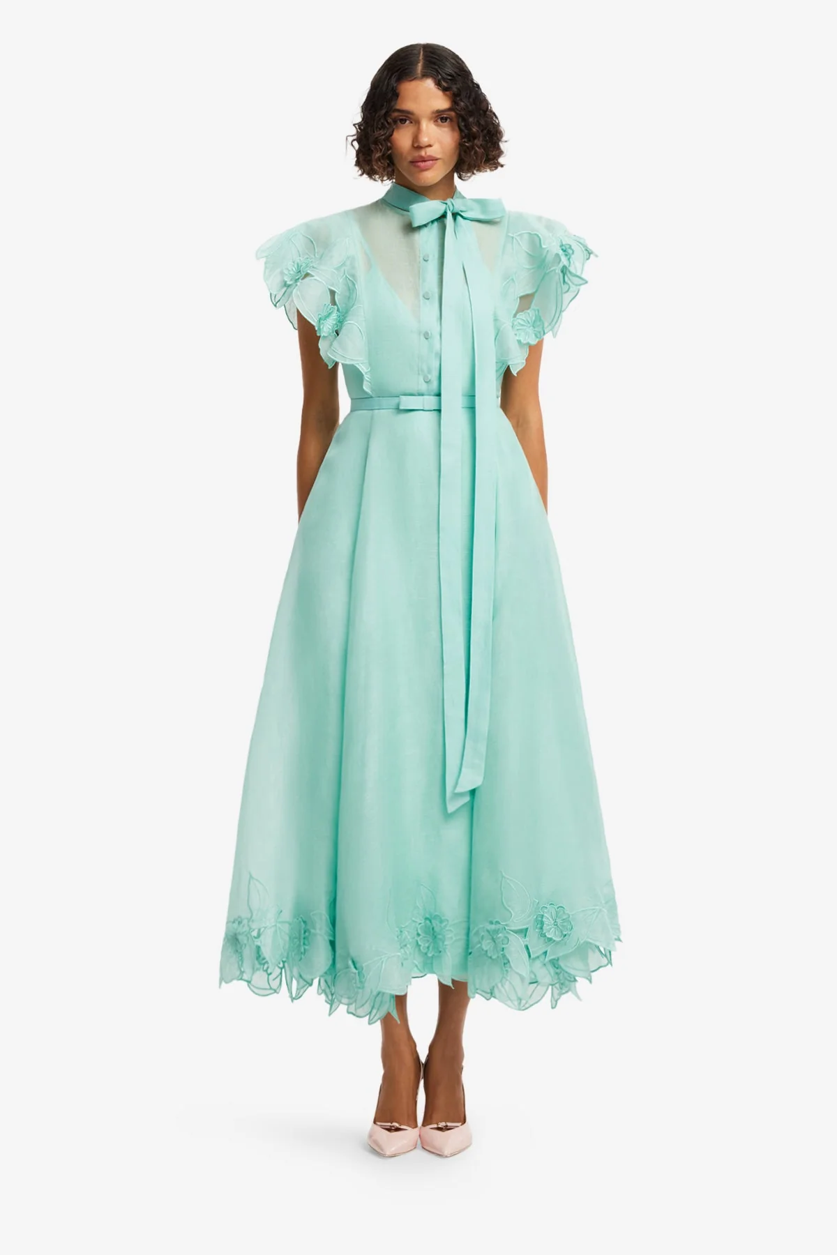 Elsie Appliqué Flutter Sleeve Maxi Dress - Pale Turquoise