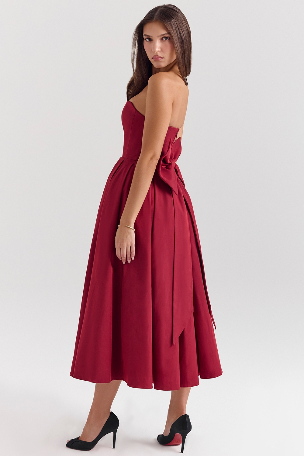 berry strapless detachable bow midi dress