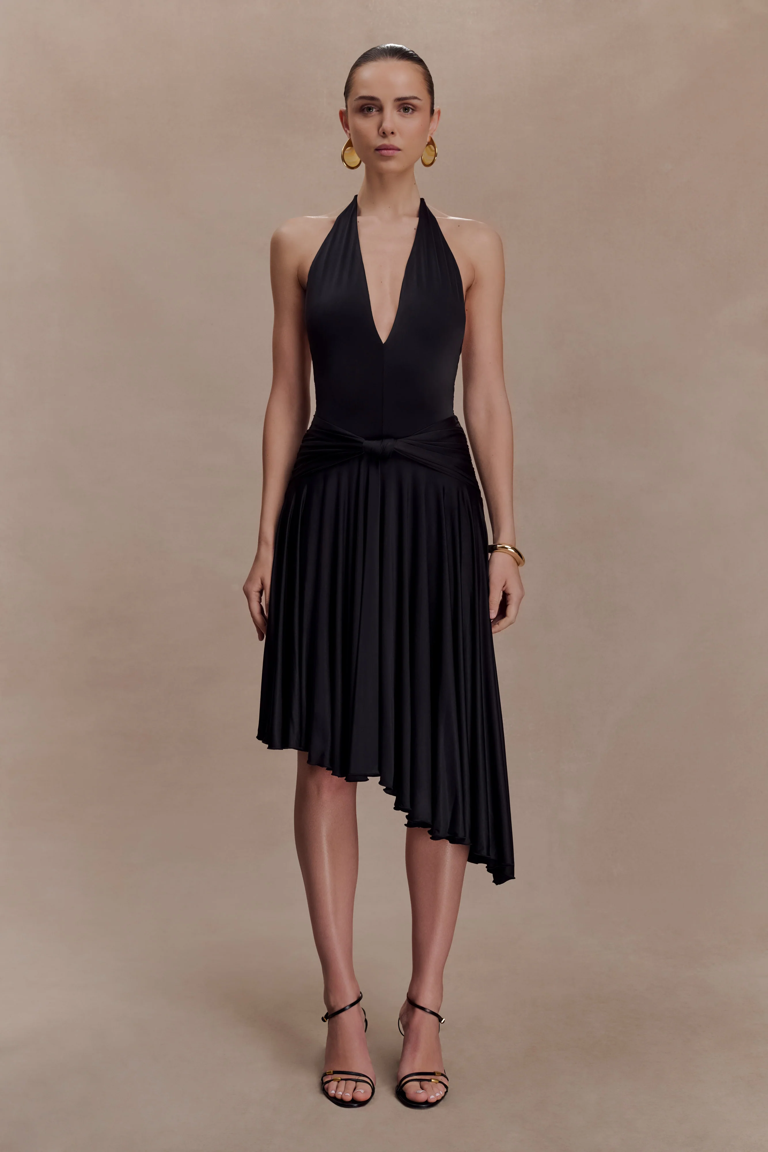 Zelda Asymmetric Slinky Midi Dress - Black