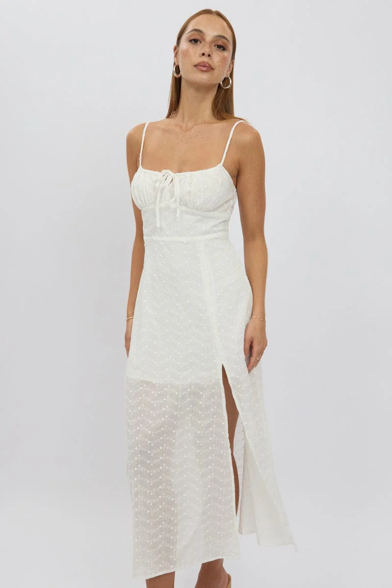 White Midi Dress Gathered Bust Eyelet Fabric