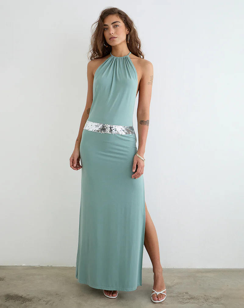 Karuna High Neck Maxi Dress in Aqua Grey