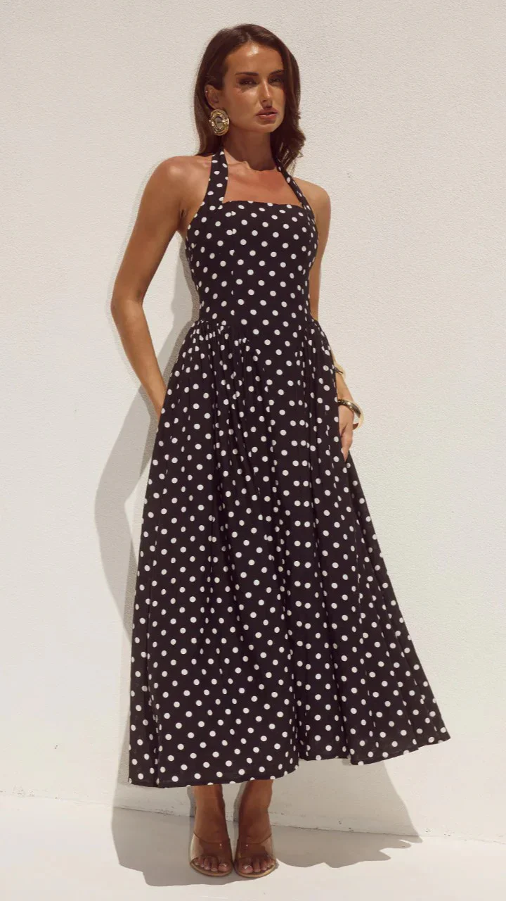 Sammi Halter Midi Dress - Black/White Polka