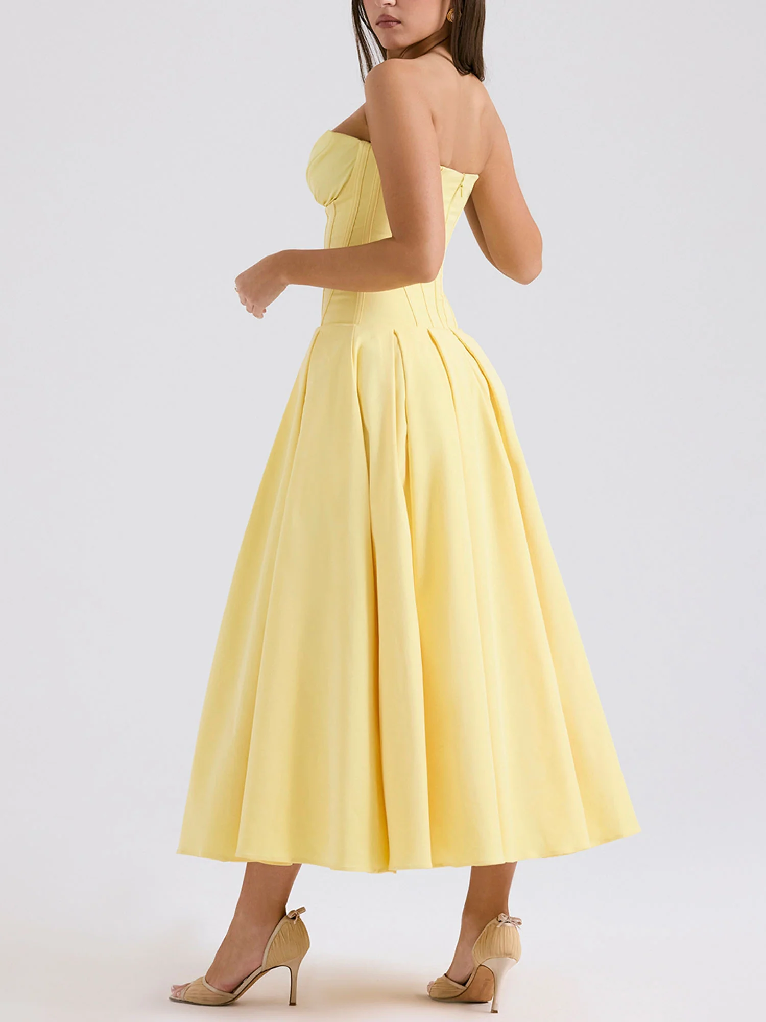 Yellow Strapless Fit-and-Flare Midi Dress