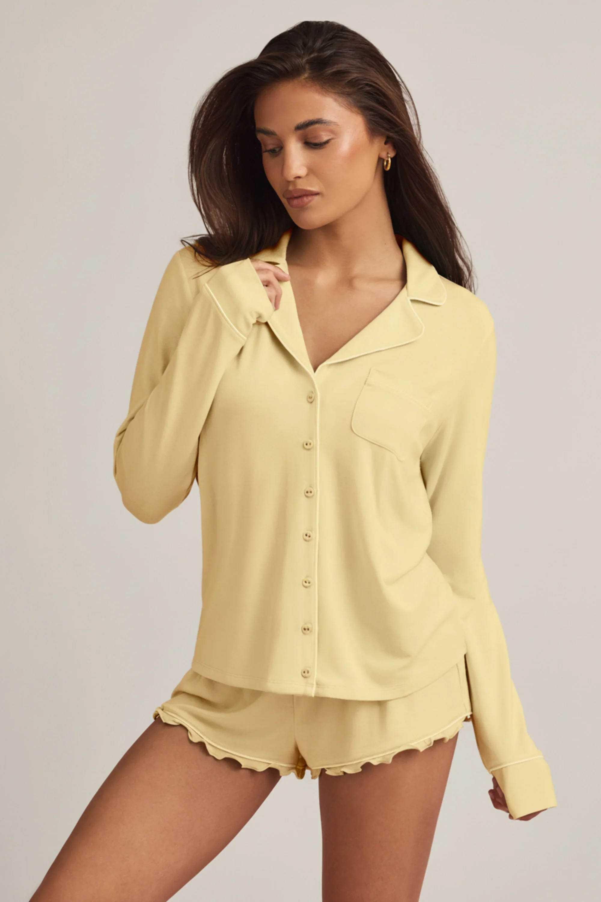 Modal Long-Sleeve Pyjama Top in Pastel Yellow