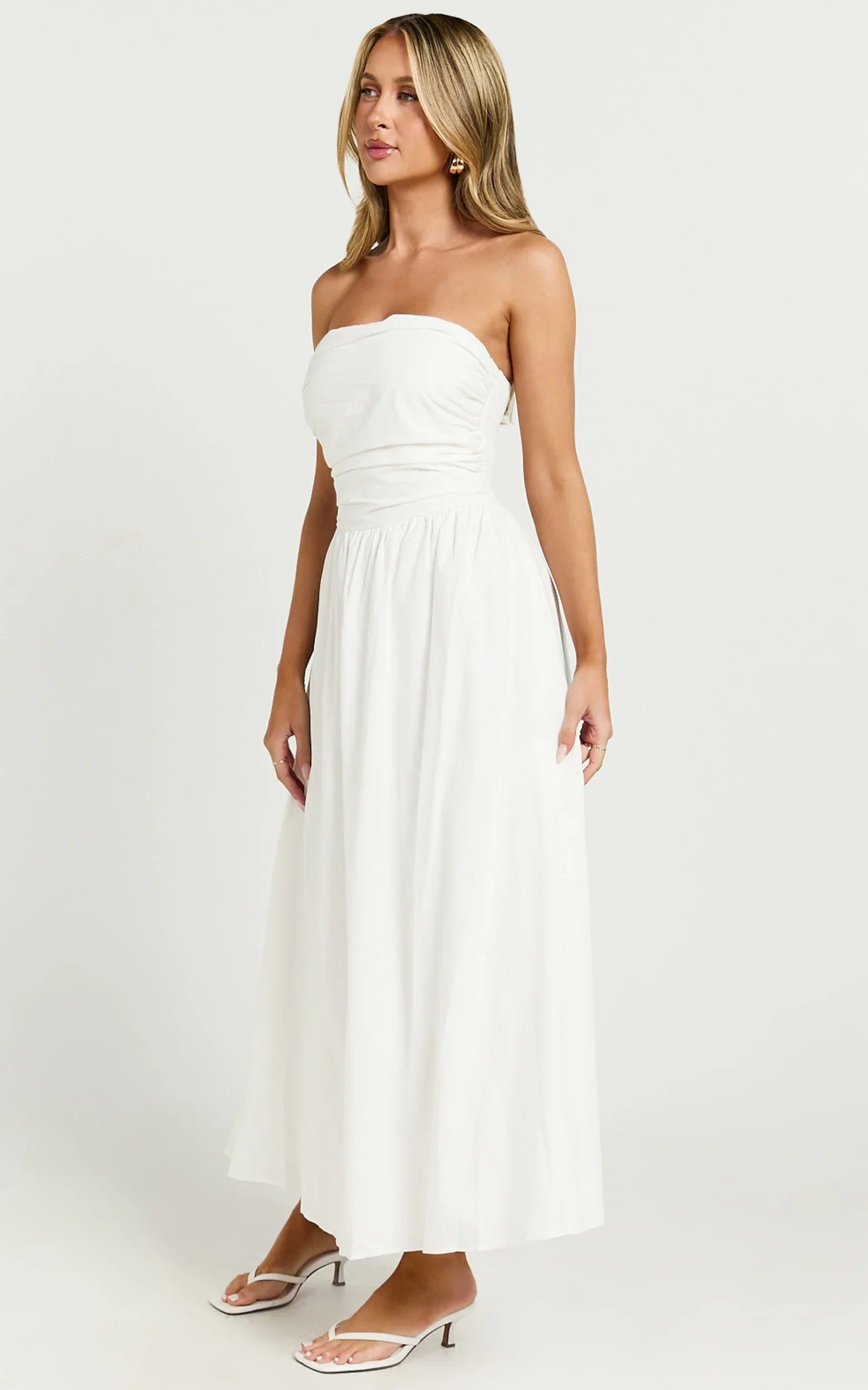 Polly Midi Dress - Strapless Ruched Dress in White