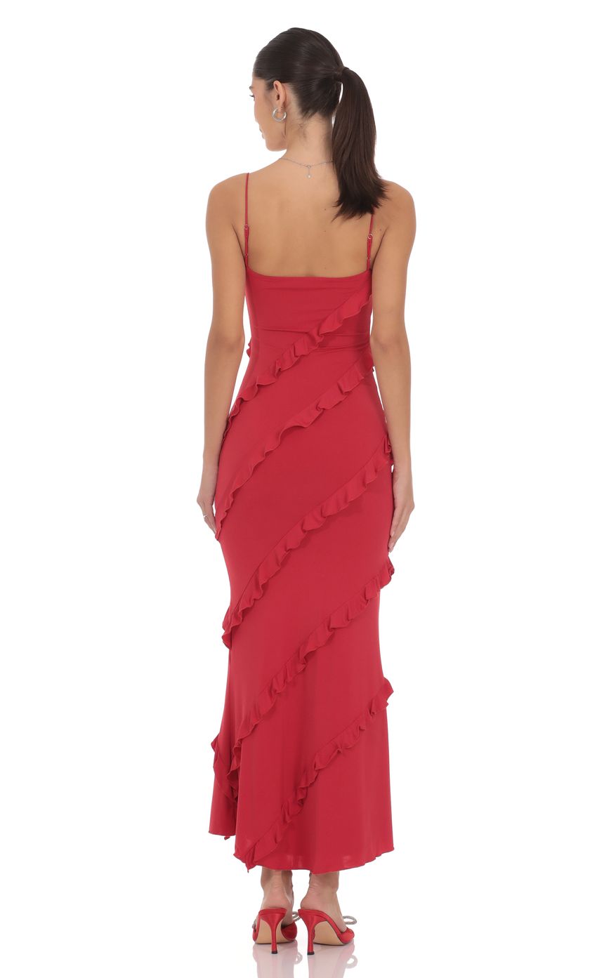 Ruffle V-Neck Maxi Dress in Red