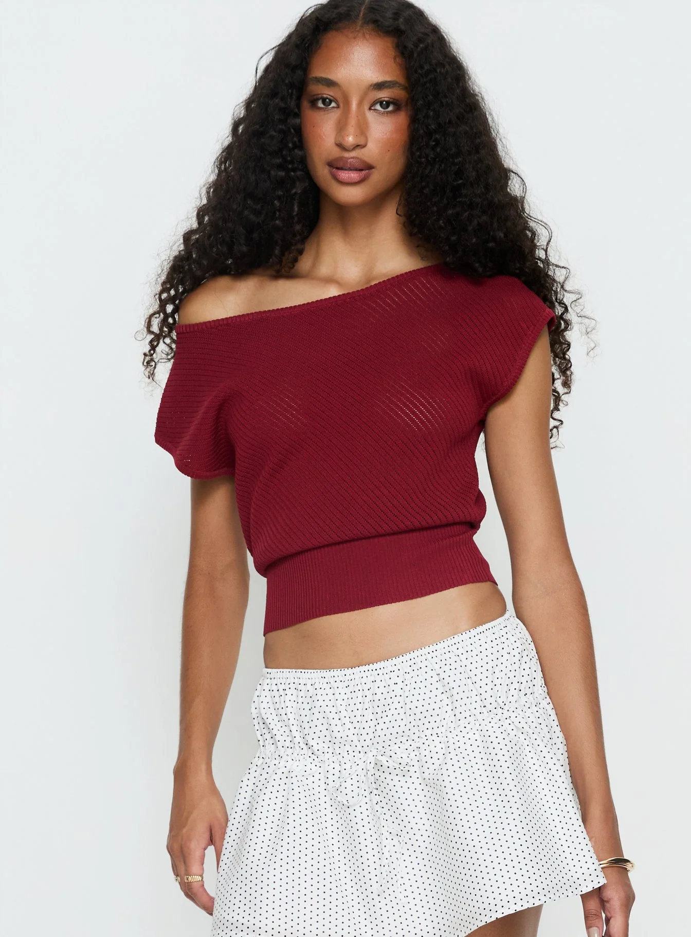 Cloud Tempo Boat Neck Cinched Knit Top Wine