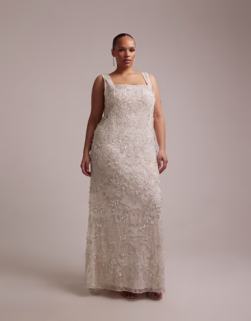 Curve ornate crystal embellished square neck maxi wedding dress in ivory