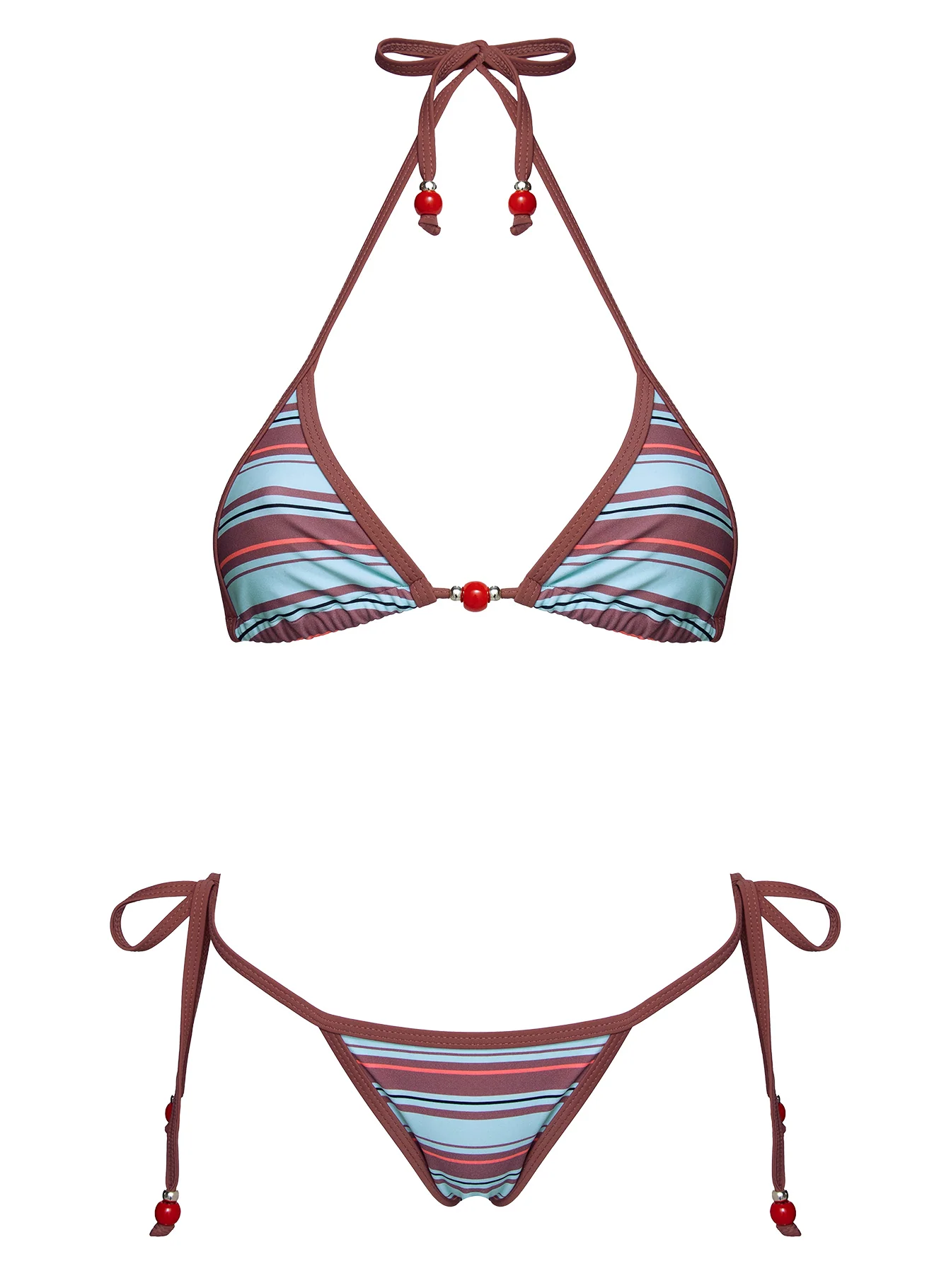 Mikaya Beaded Triangle Bikini Top Blue / Brown Stripe