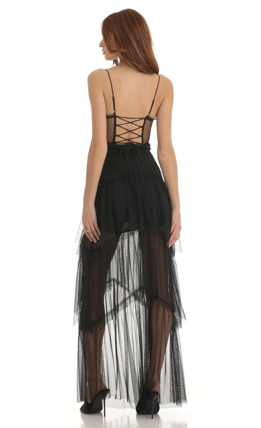 Mesh Corset Maxi Dress in Black