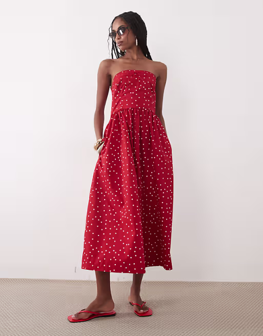 Abercrombie & Fitch strapless midi dress in red polka dot print