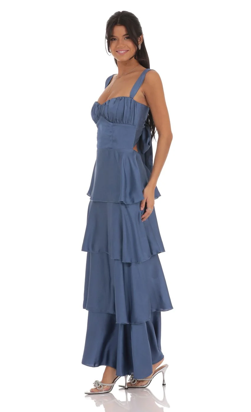 Satin Ruffle Maxi Dress in Slate Blue