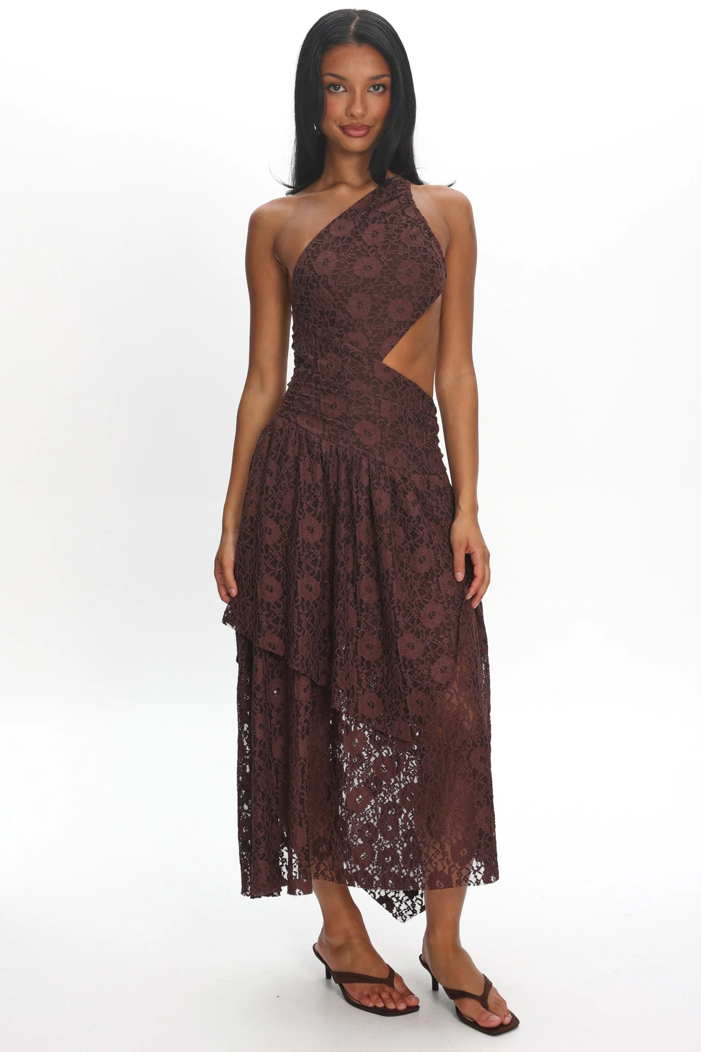 Call Back Cut-Out Waist Midi Dress Lace Chocolate - luluinthesky