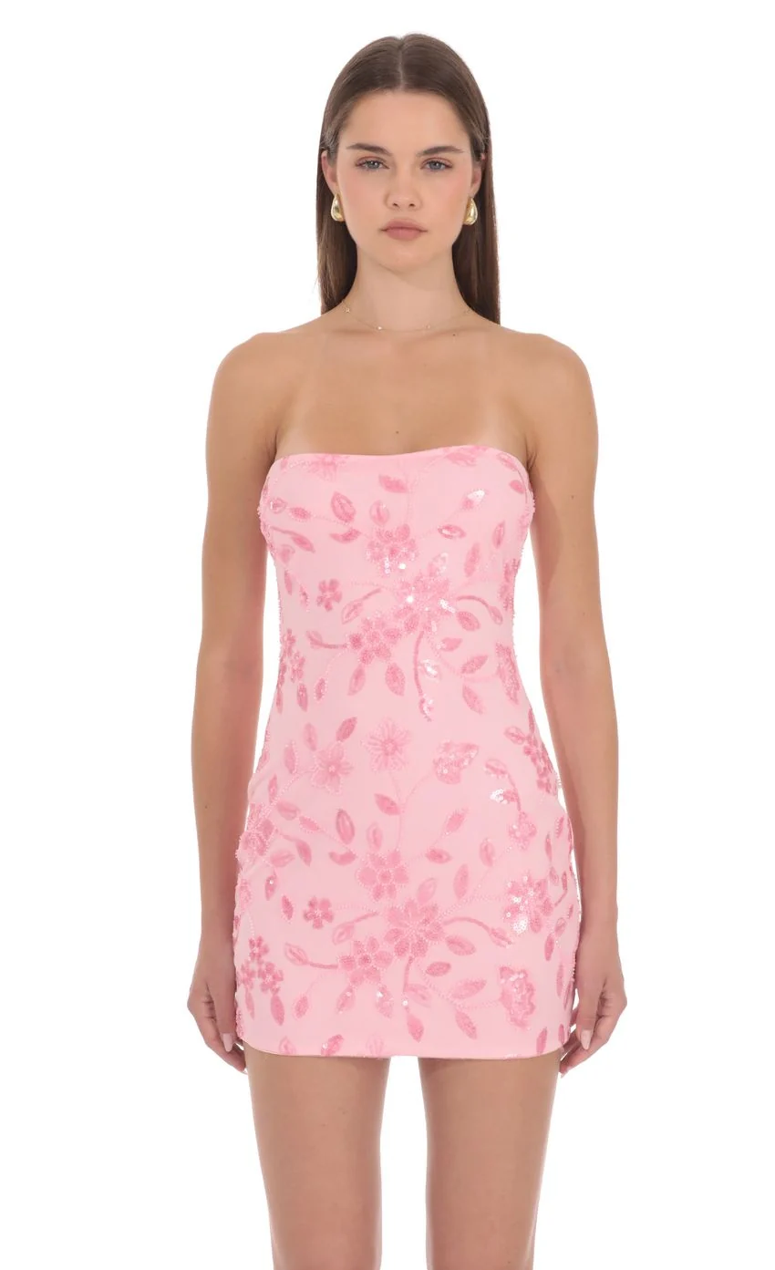Floral Embellished Mini Dress in Pink