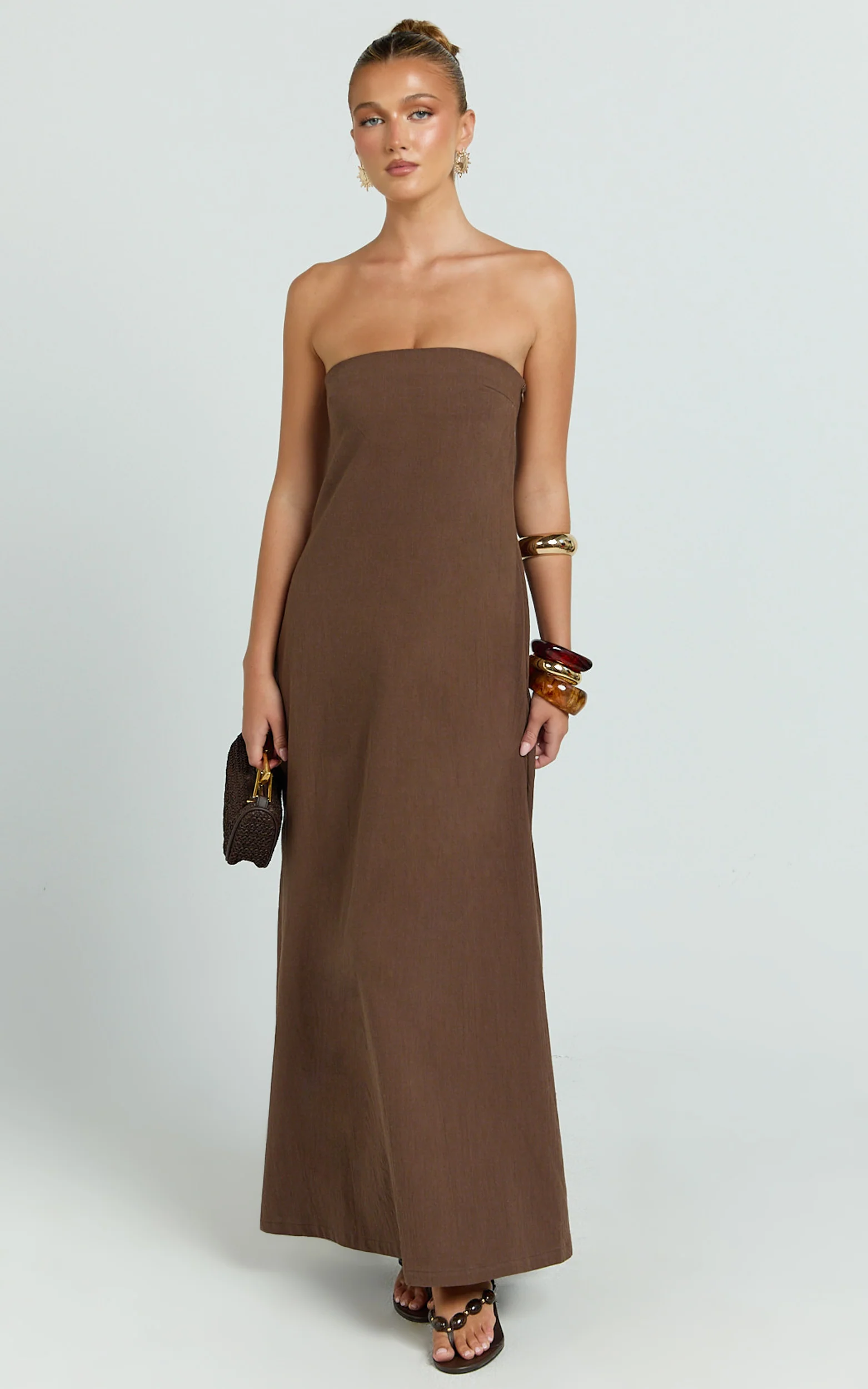 Emmie Midi Dress - Strapless Trapeze Dress in Chocolate