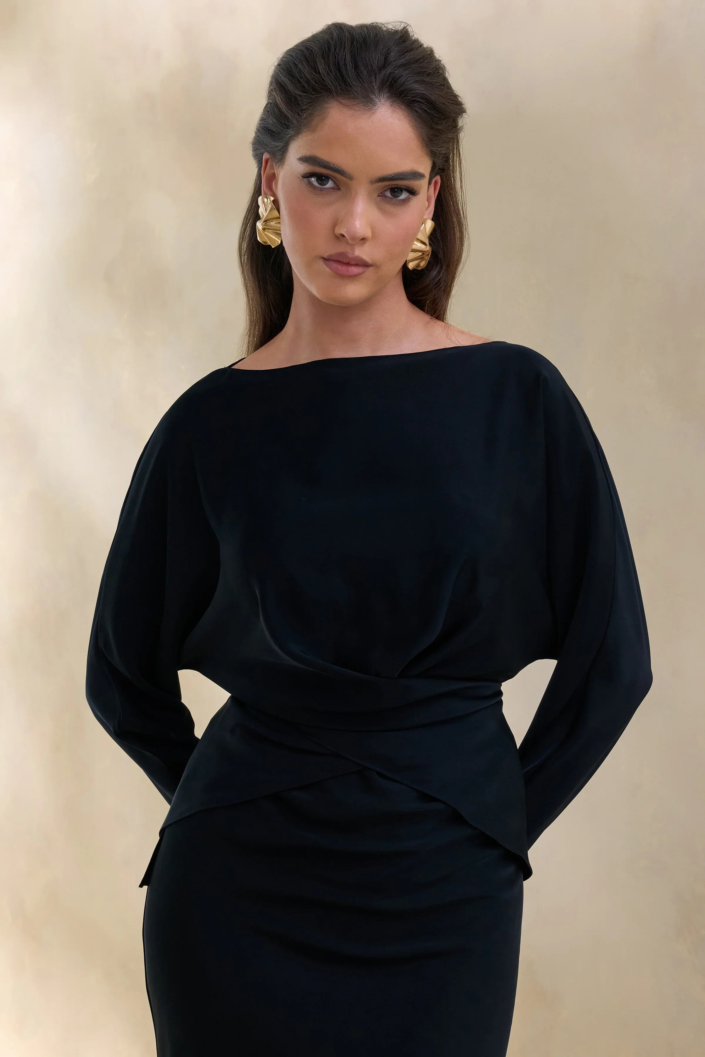 Miravia | Black Satin Wide-Neck Long-Sleeve Top