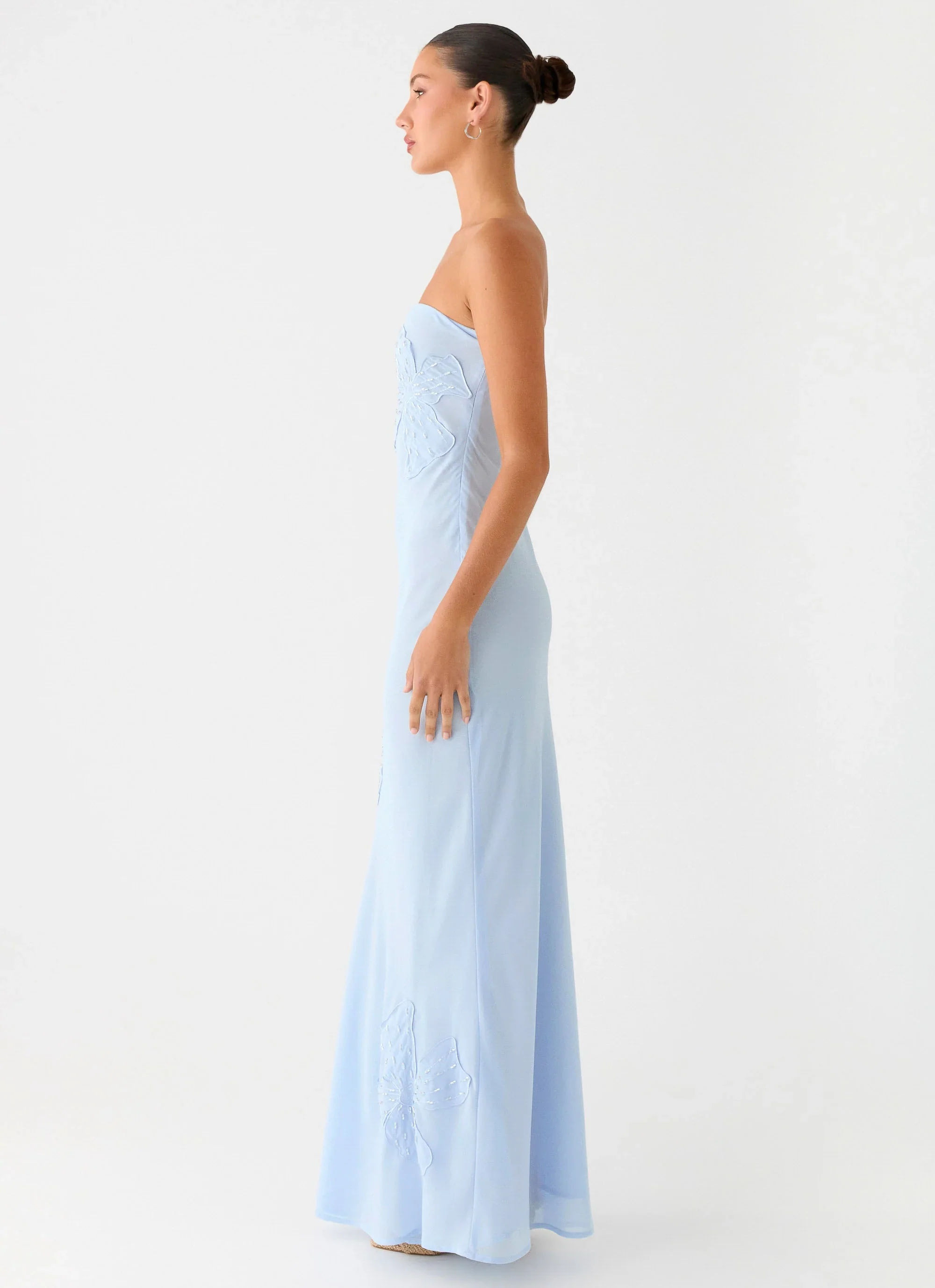 Sassafras Beaded Flower Strapless Maxi Dress - Blue