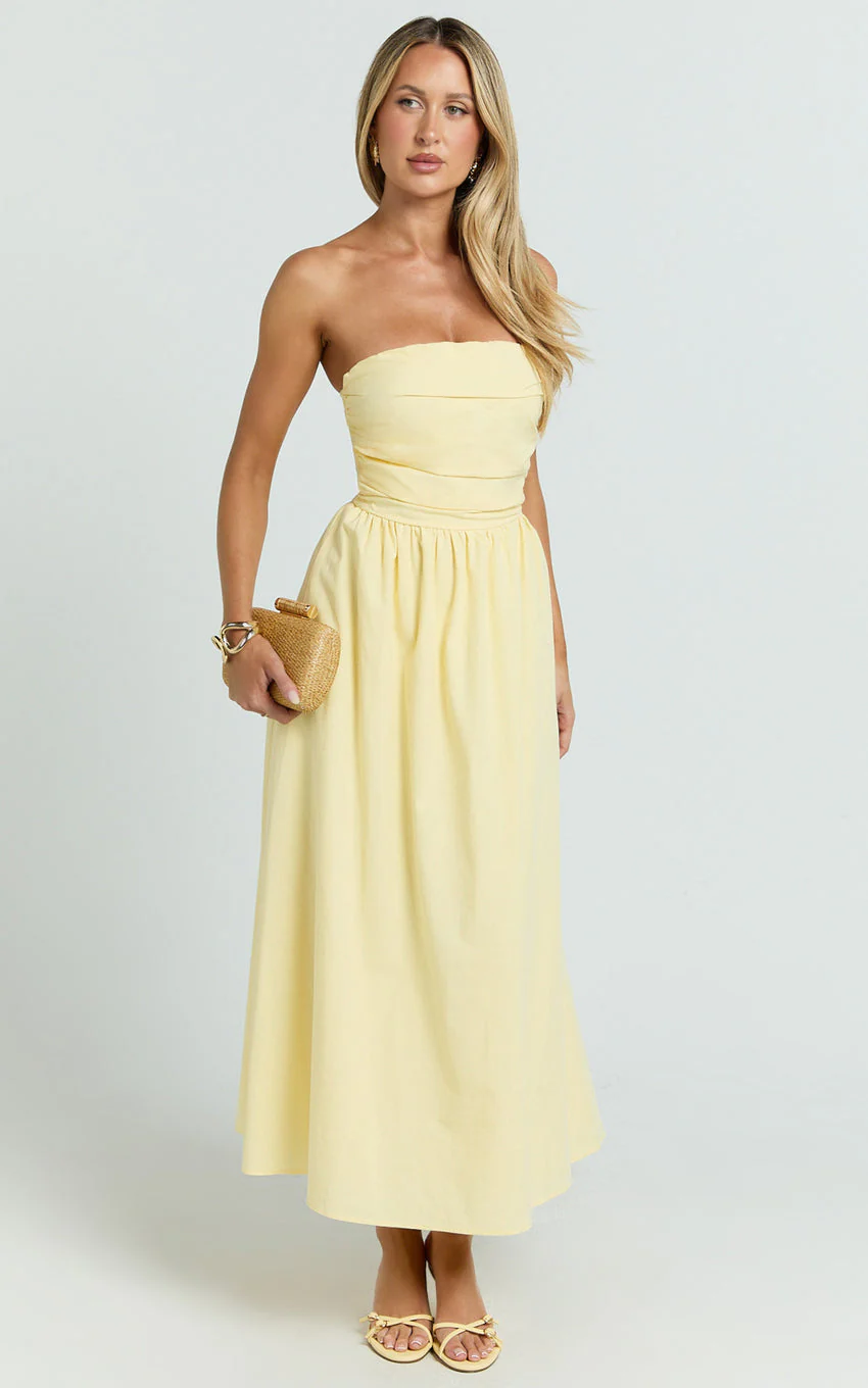 Polly Midi Dress - Strapless Ruched Dress in Lemon - luluinthesky