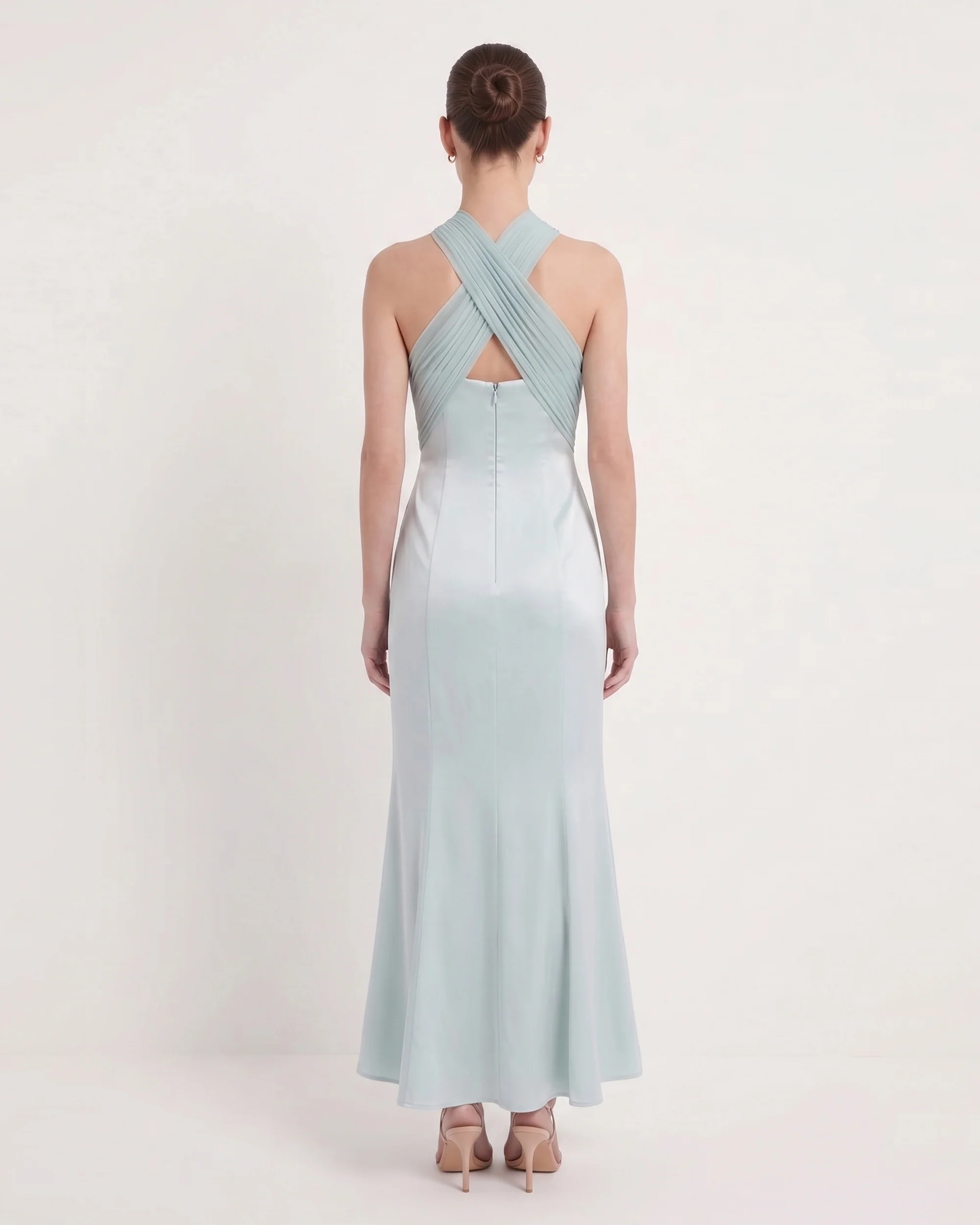 Pleated Cross-Halter Satin Maxi Dress - Dusty Blue - FASHION NOB