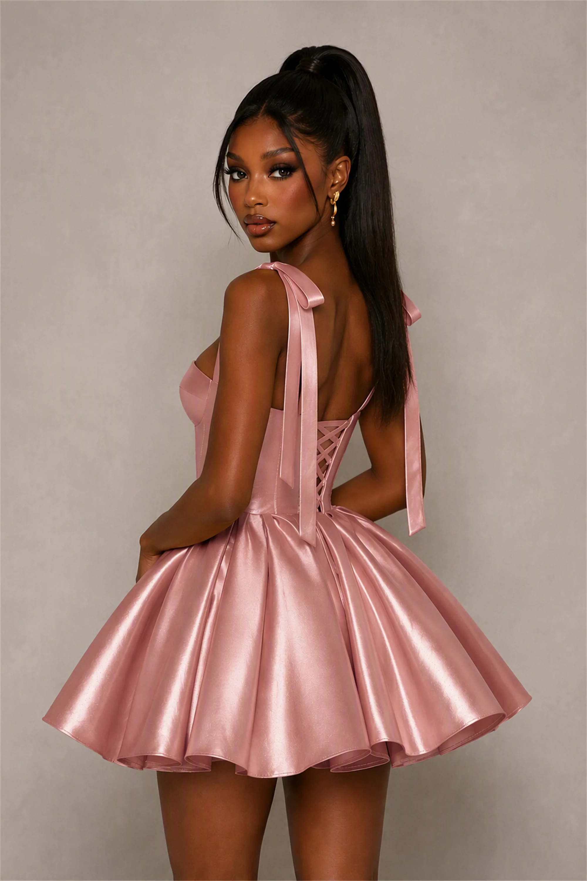 BOLODOO Dusty Rose Satin Sweetheart Corset Bow Strap Lace-Up Open Back Full Skirt Mini Dress | Prom Cocktail Party Dress