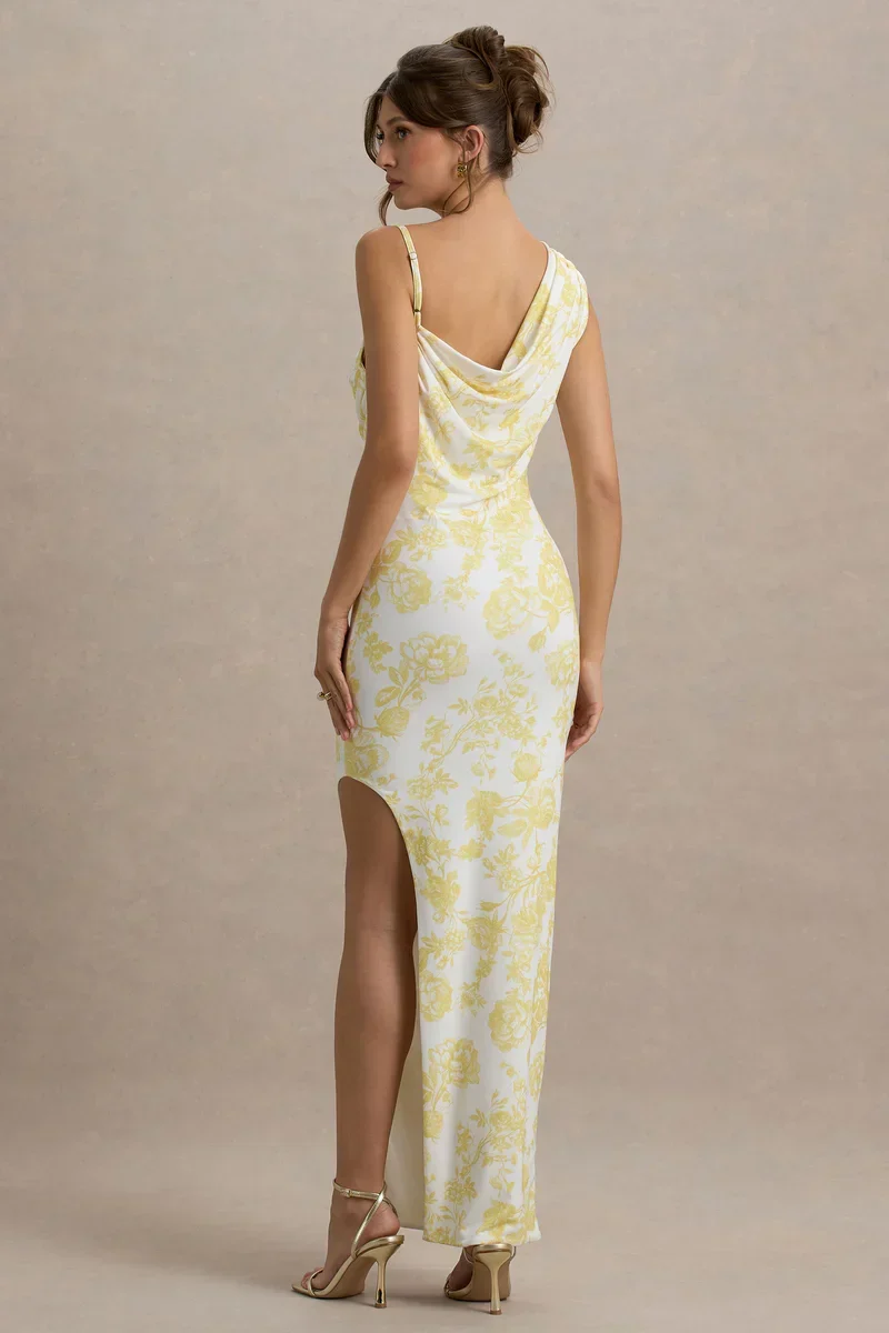 Sitara | Lemon Porcelain Print Cowl-Neck Maxi Dress With Asymmetric Skirt