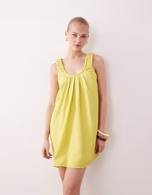scoop ruched neck mini sundress in techy fabric in lime