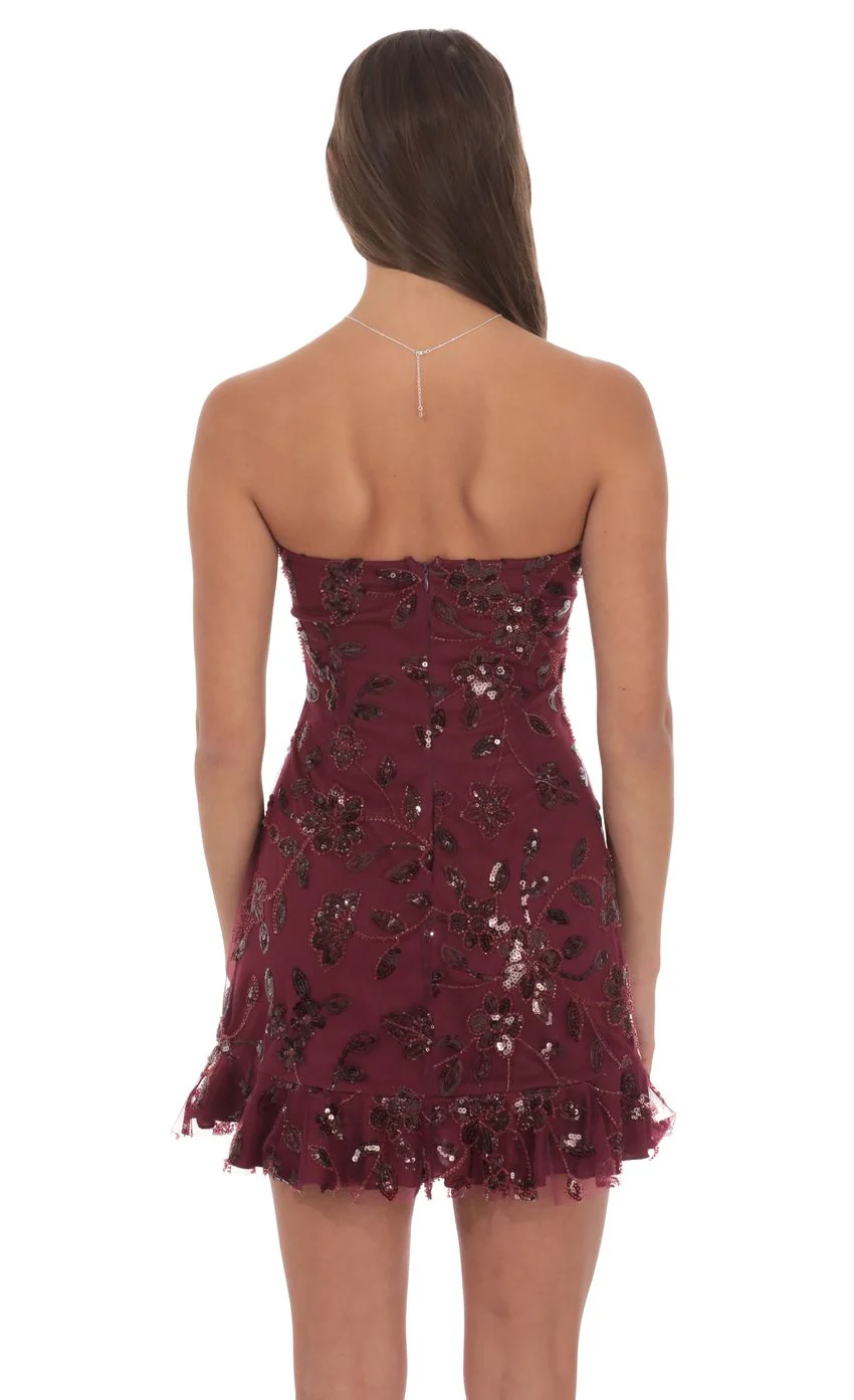 Strapless Sequin Floral Ruffle Dress in Burgundy