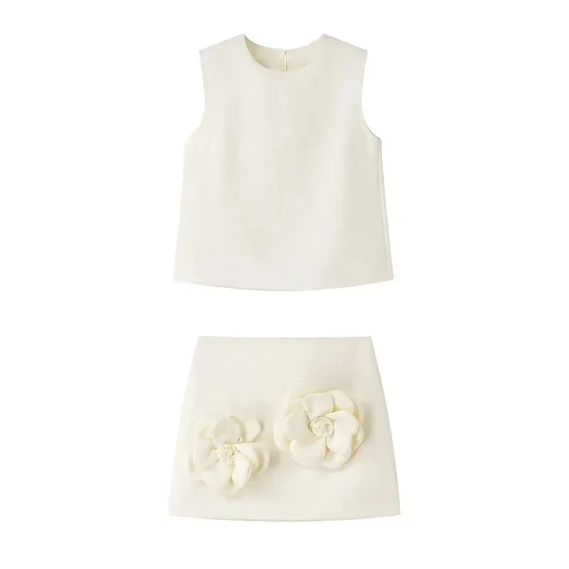 3D Flower Skirt and Sleeveless Crop Top Set - luluinthesky