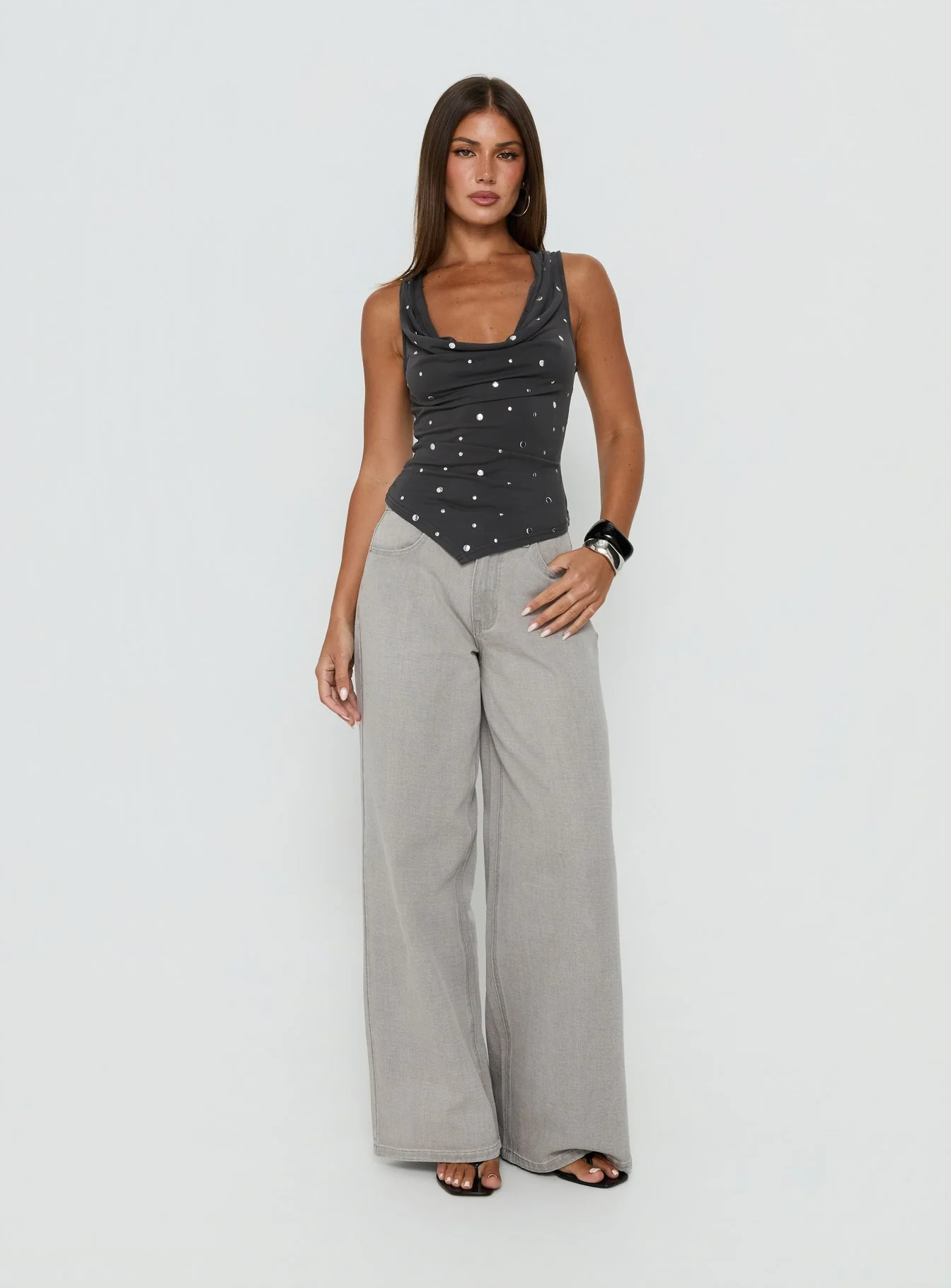 Quiet Confidence Studded Cowl Neck Top Grey