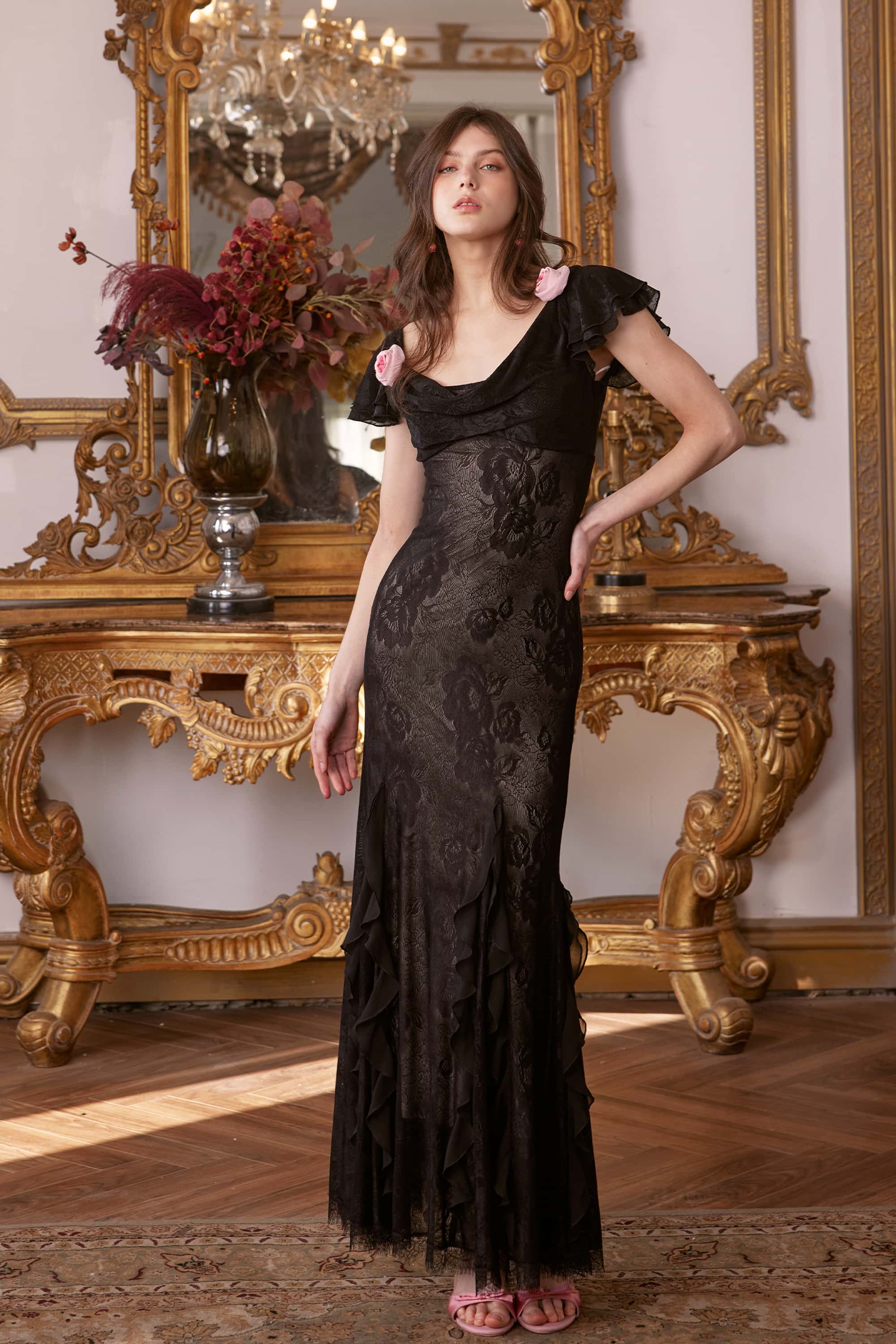 Chloe Rosette Mesh Gown Dress