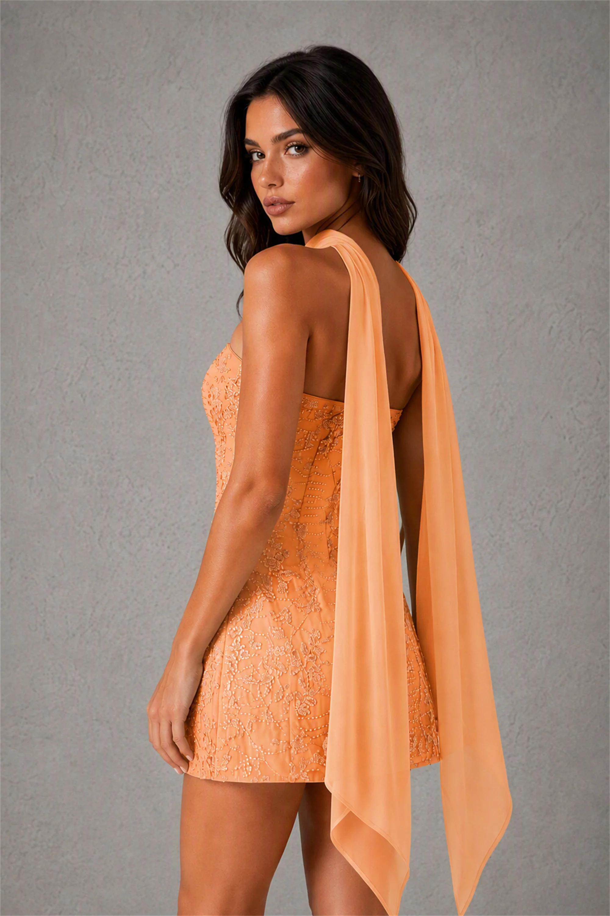 BOLODOO Orange Strapless Sequin Floral Embroidered Mini Dress with Detachable Chiffon Neck Scarf