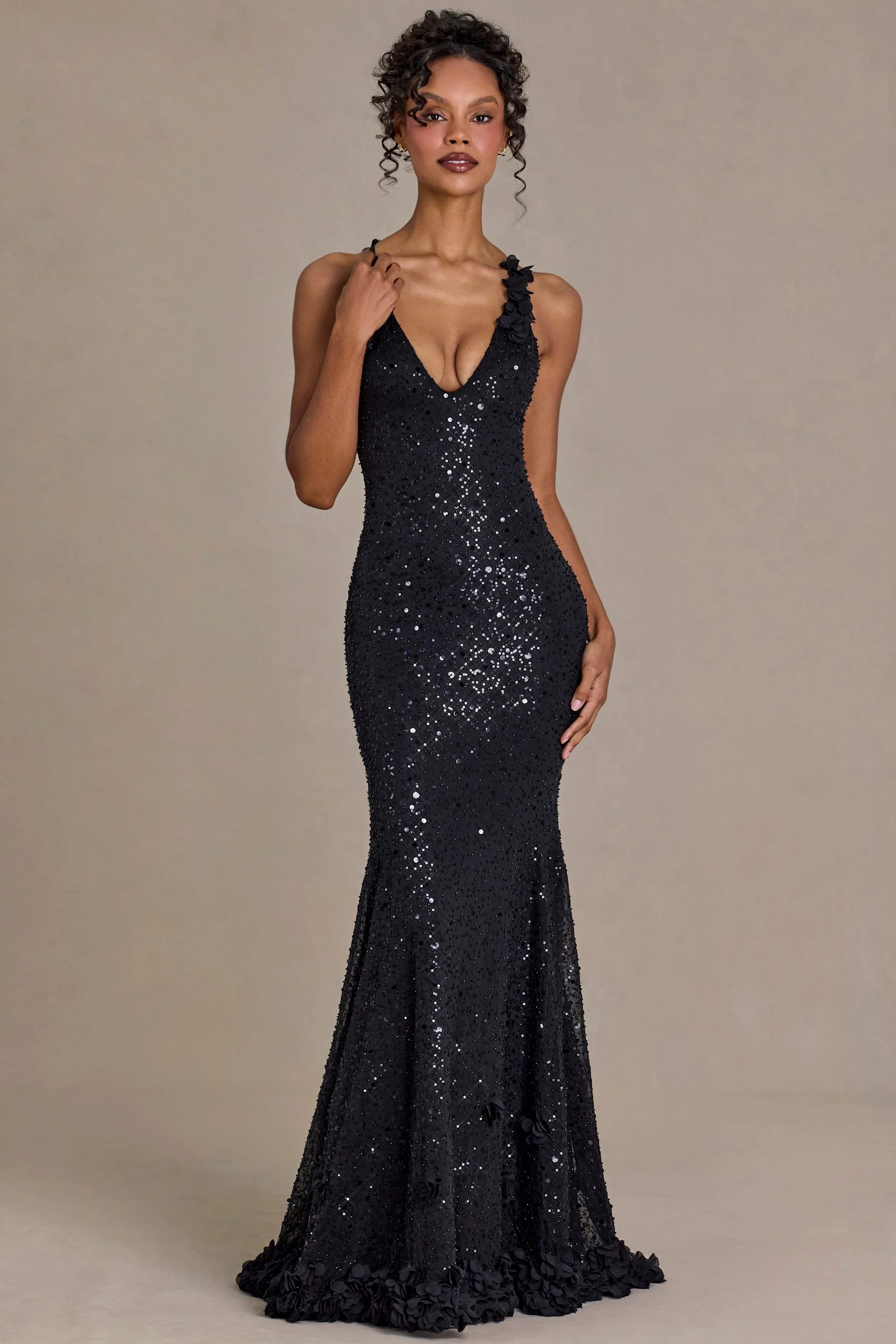 Embellished Plunge Open-Back Gown in Black