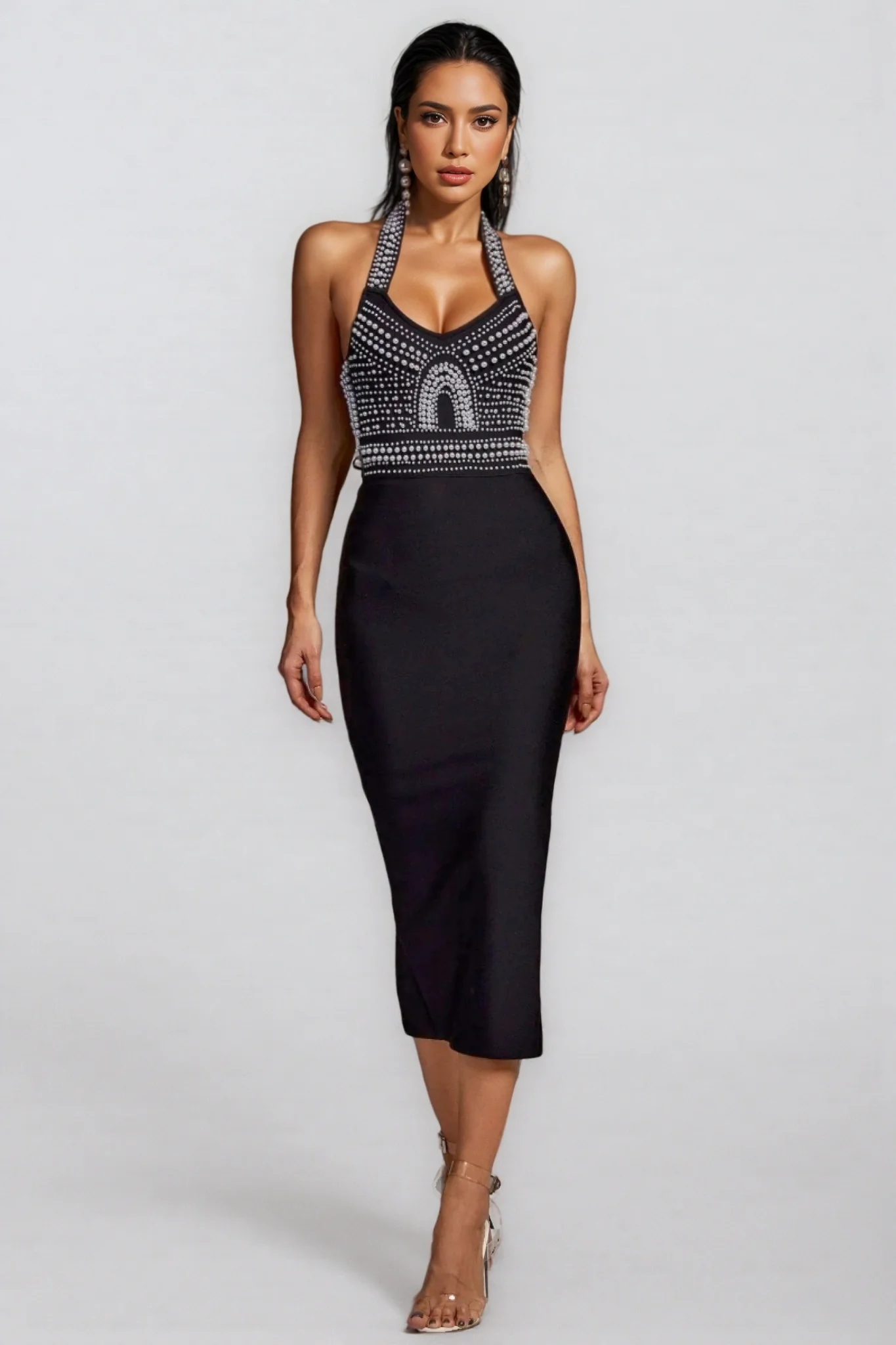 Maia Pearl Halter Bandage Midi Dress - Black