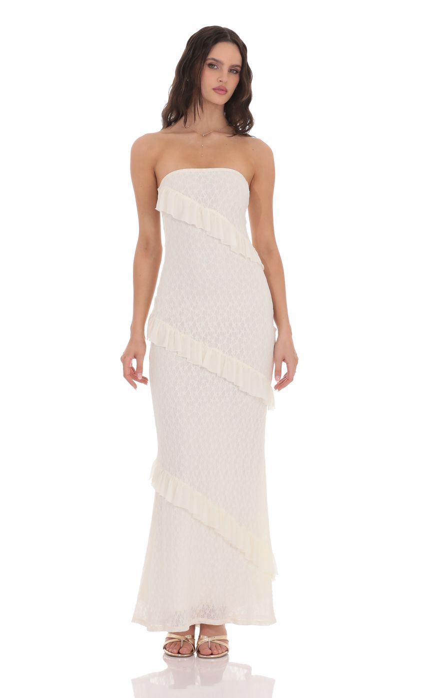 Strapless Lace Ruffle Maxi Dress in Ivory